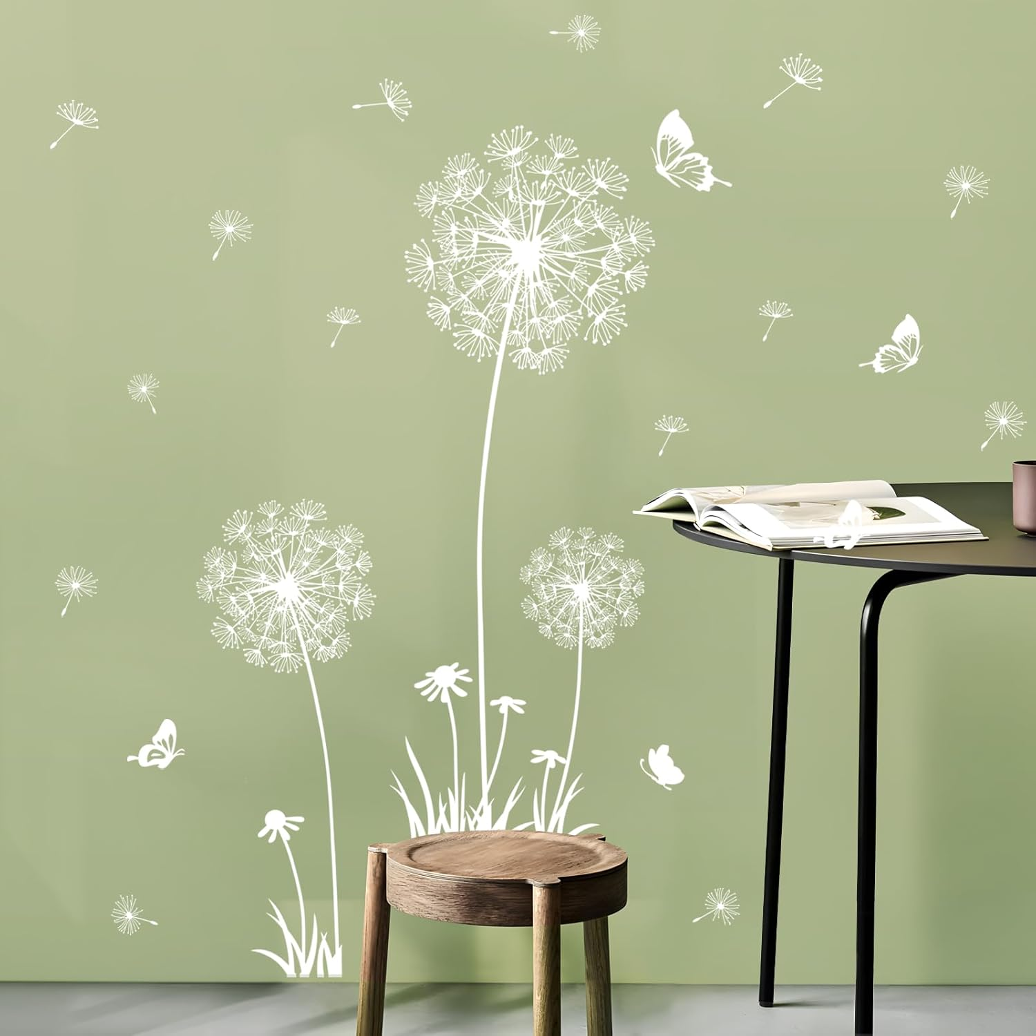 Supzone Dandelion Wall Stickers Flower Wall Decals Butterflies Flying Wall Decors Wall Art Stickers for Bedroom Living Room Sofa Backdrop TV Wall Decoration
