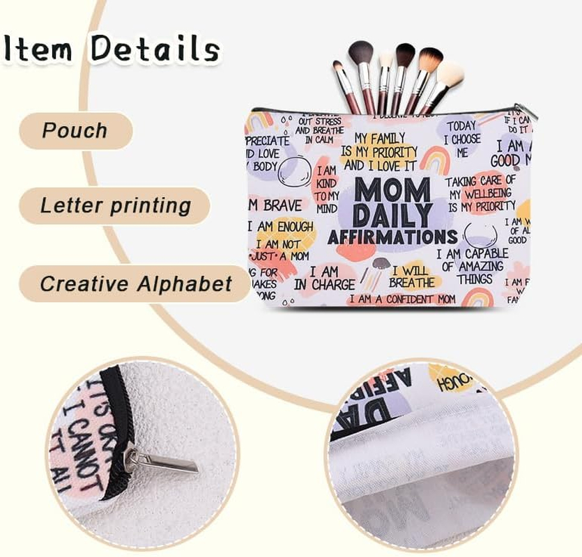 Mom Makeup Bag for Mother Positive Affirmation Makeup Bag Pouch for Mom Mental Health Awareness Bag for Mommy Mum Motivational Inspirational Gifts for Mama Stepmother Self Care Storage Bags Pouch image number 3