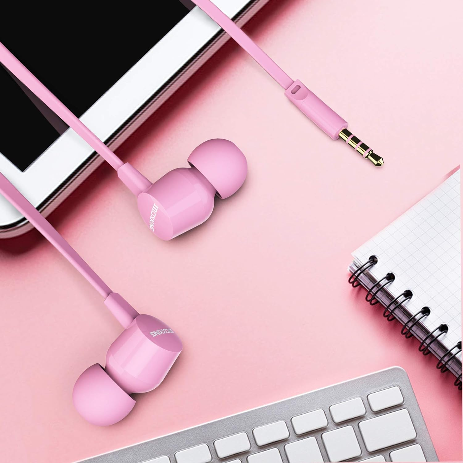 MOXKING In-Ear Headphones with Wired for Small Ears, Microphone & Volume Control, Flat Cable, Ideal for Women & Kids (Pink) image number 2