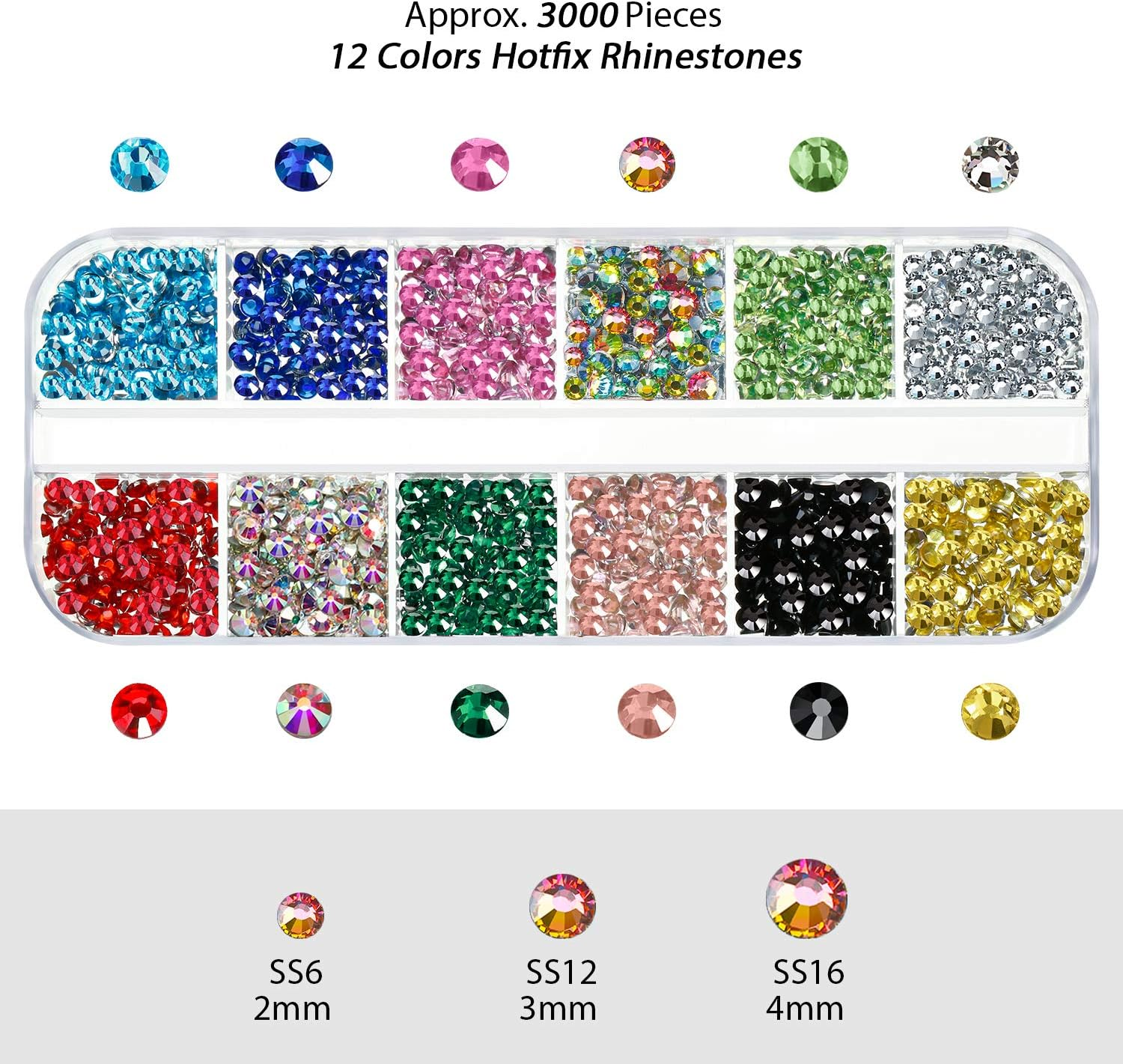 9000 Pieces Hotfix Rhinestone 3 Sizes 12 Colors Flatback round Glass Gemstone Crystal Iron on Rhinestones Glass Stones with Tweezers and 1 Picking Pen for DIY Manicure, Face Art Clothes Bags image number 6