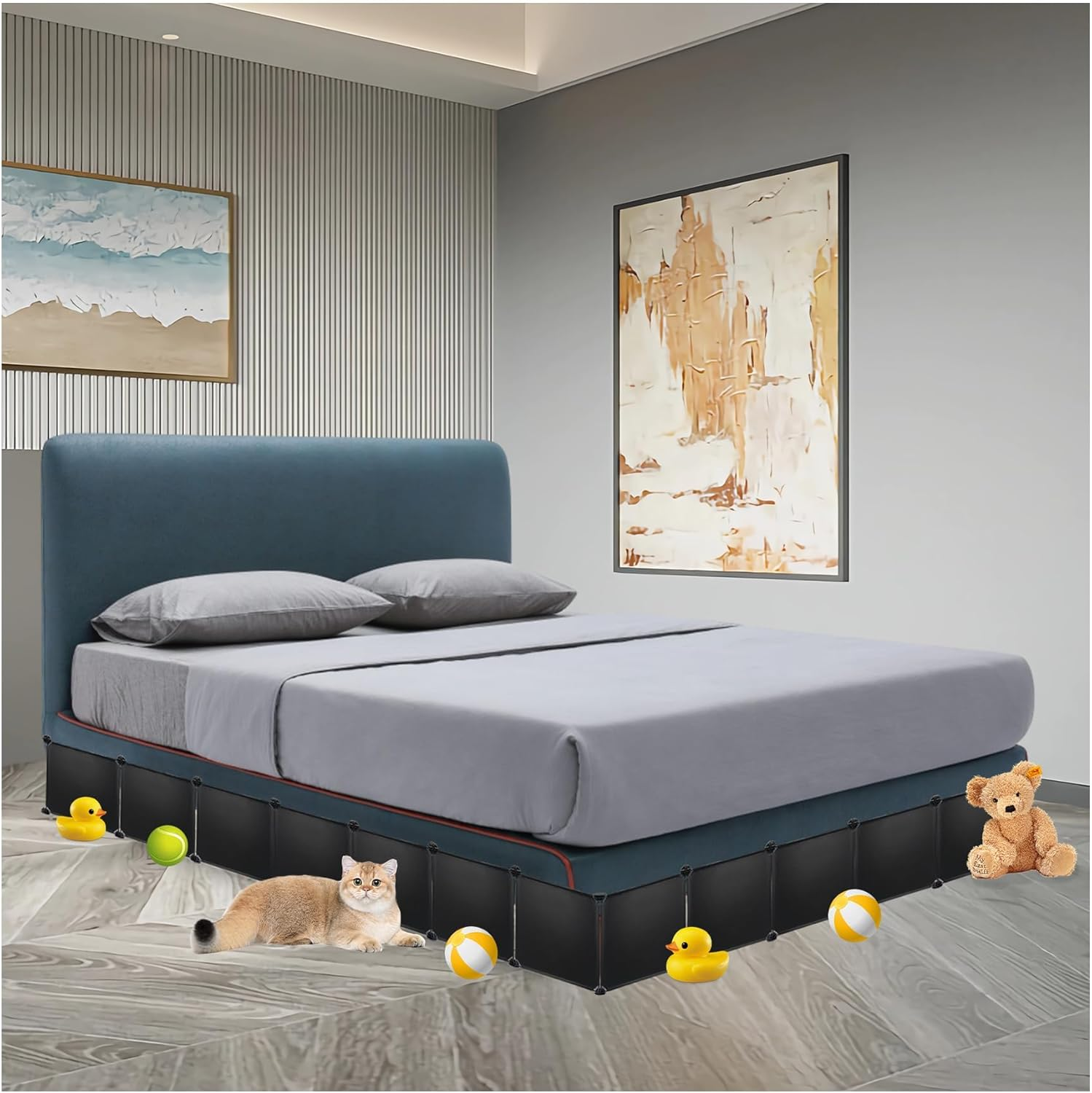 Under Couch Blocker for Toys under Bed Blocker for Pets 166&rdquo; Length 11.8" Height in Total under Furniture Blocker with Sticky Double Side Tape, Connectors and Zip Ties for Pets, Black