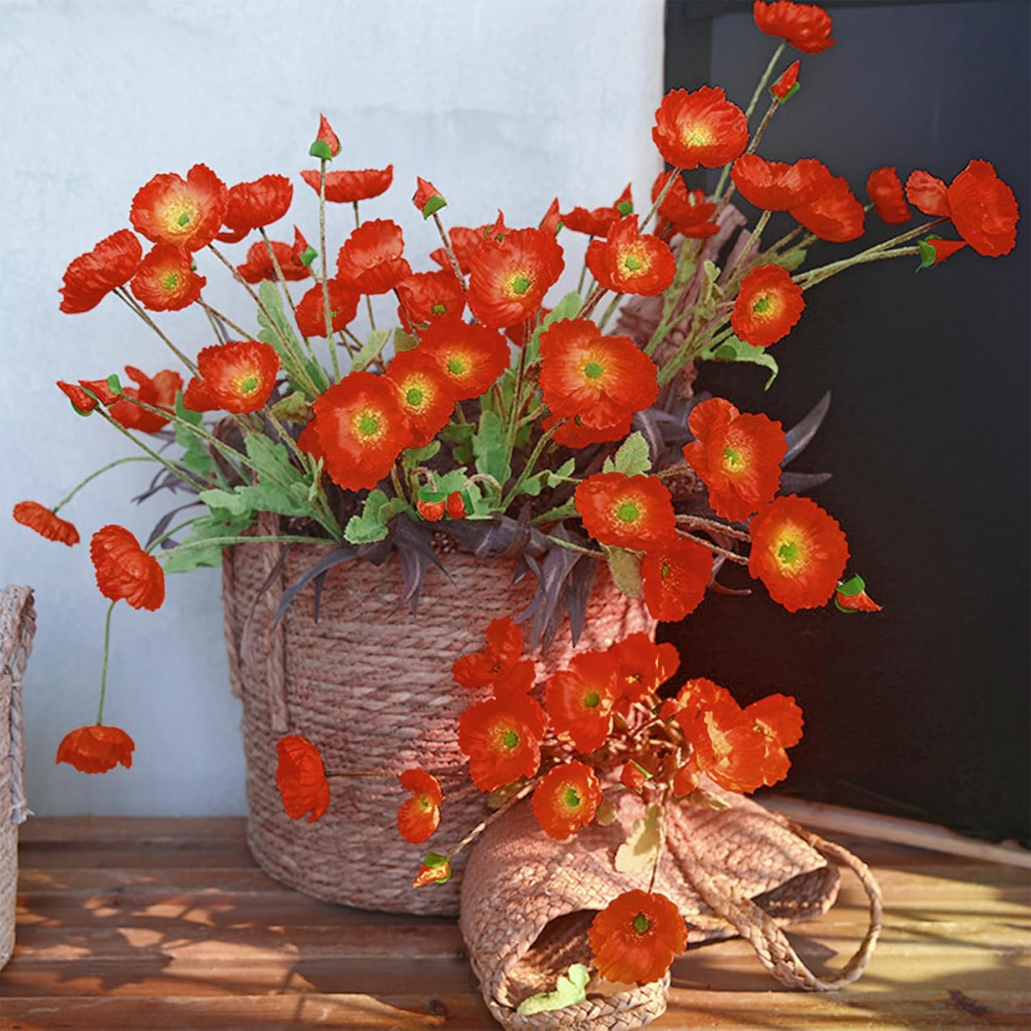 Artificial Flowers Poppy Silk Flowers with Stems, Faux Poppy Flowers Real Touch Decor Plants Realistic Bouquet for Home Kitchen Wedding Office Centerpiece Decorations (Orange Red) image number 1
