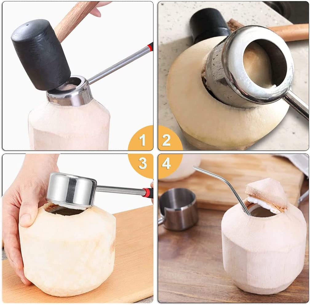 7-In-1 Coconut Opener Tool Set for Young Mature Coconuts, Coco Nut Meat Removal Tool with Rubber Mallet Meat Removal, Scraper, Straw, Food Grade 304 Stainless Steel image number 4
