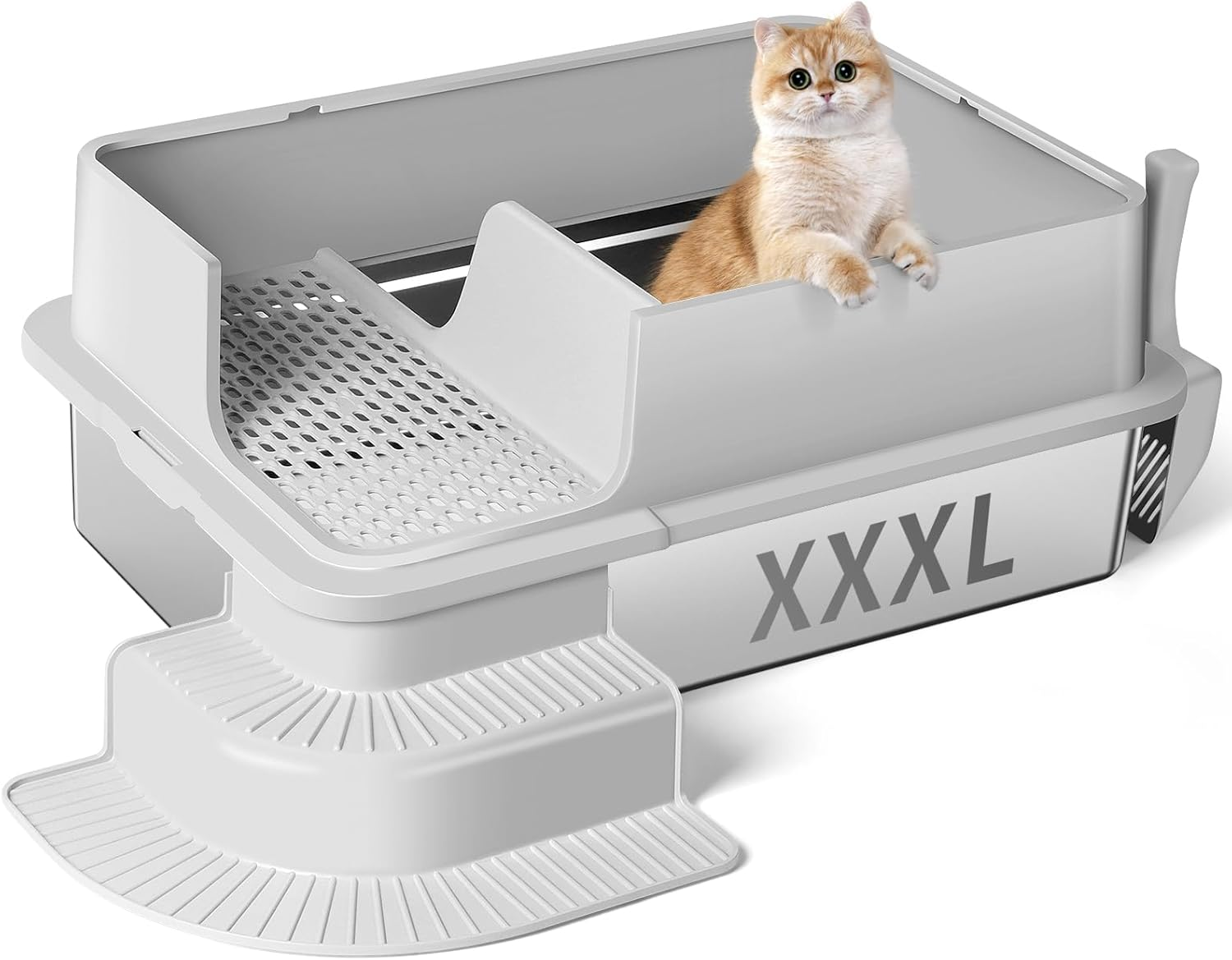 Bartuke XXXL Stainless Steel Litter Box, 70 X 50 X 30Cm Extra Large Semi Enclosed High Sided Metal Cat Litter Box with Filtered Grid, Step, Scoop, Non-Sticky, Non-Odor, Easy Cleaning (Light Gray) - Semi Enclosed-Black image number 6