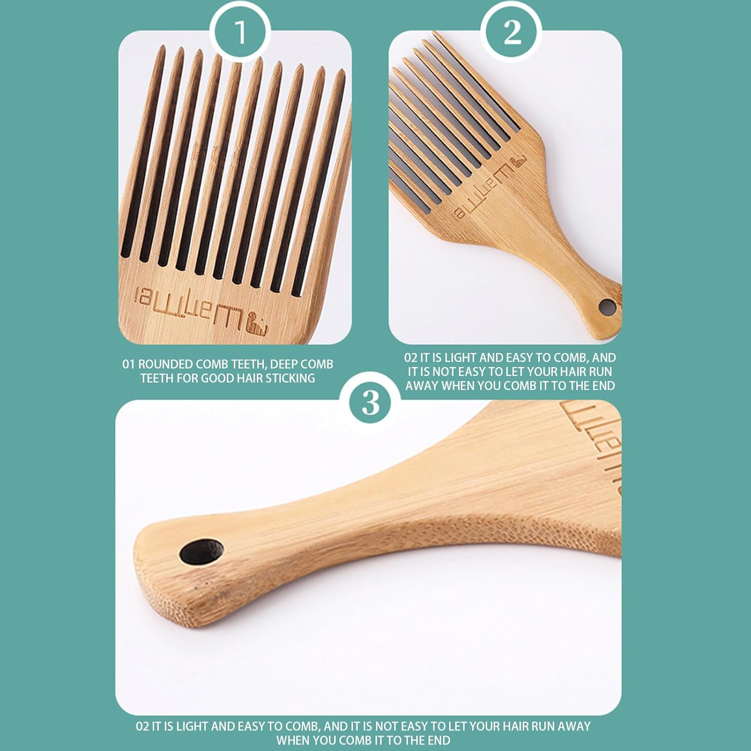 Curly Hair Pick, Long Tooth Detangler Wooden Comb, Detangling Pick Hair Comb, Anti-Static Beard Pick for Men, Home, Salon Borato image number 5