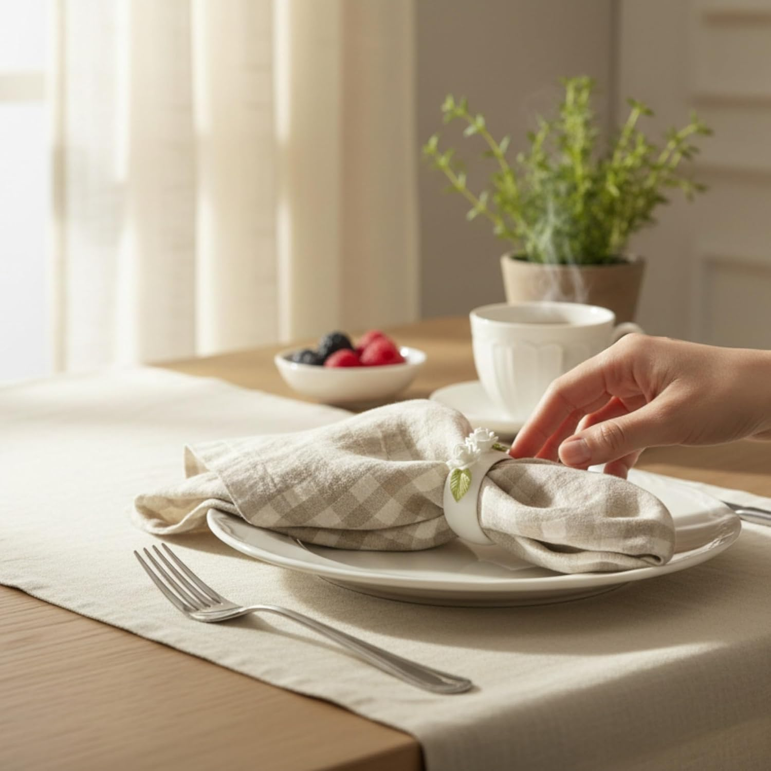 Linen Napkins &ndash; 100% French Flax &ndash; Stonewashed Pure Linen Cloth Napkins &ndash; Mitered Corners &ndash; Size 50 Cm X 50 Cm - Set of 4 (Natural Check) image number 4