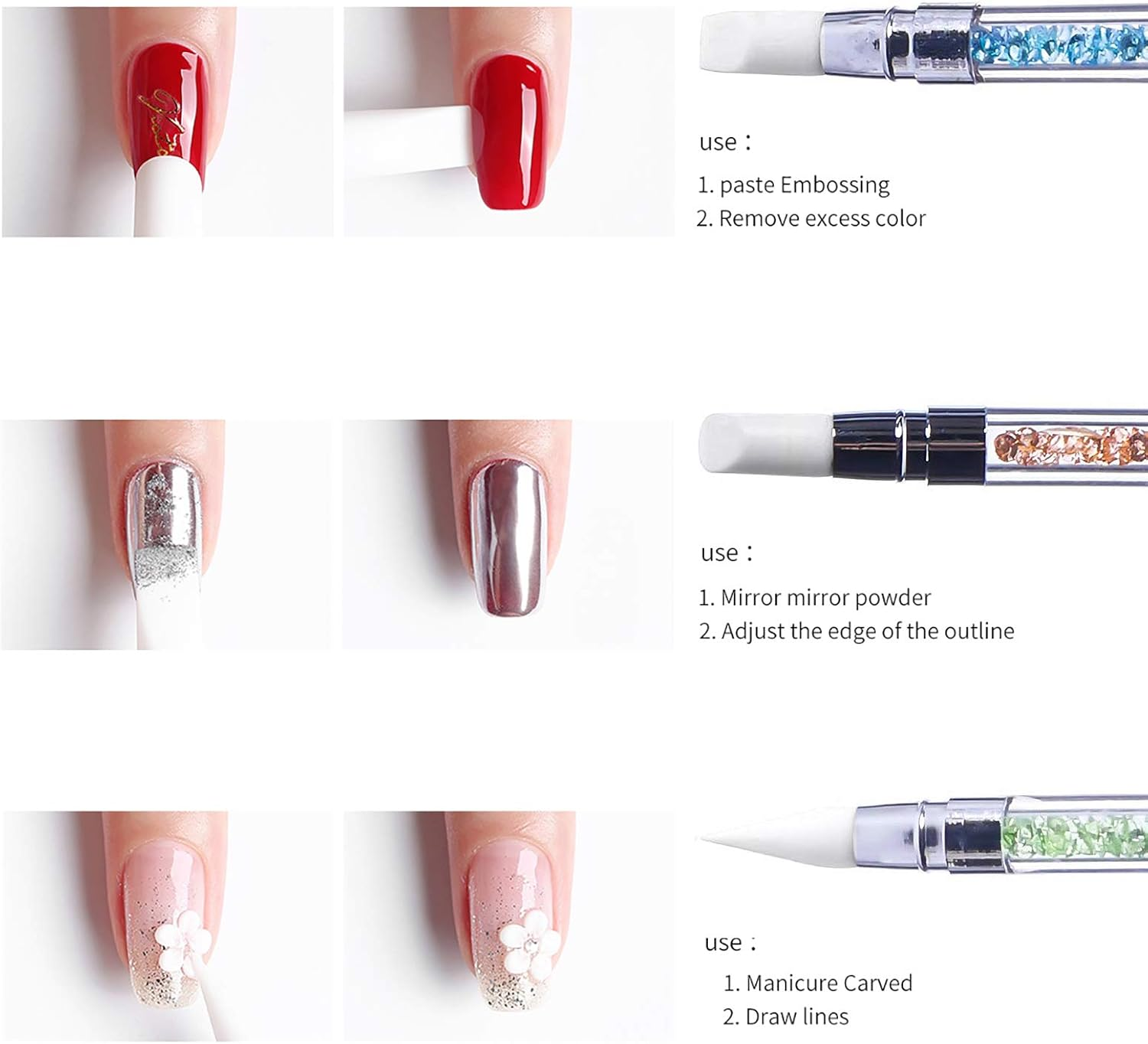 Hanyousheng 5Pcs Gel Nail Art Pen Carving Brush Silicone Head Acrylic Handle Salon Tool Set, Gel Carving Ballpoint Pen Pencil with Acrylic Rhinestone Handle, Nail Art Brush, Nail Art Pencil image number 3