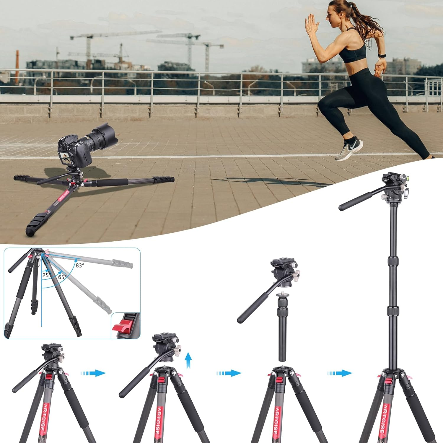 69.7" Lightweight Compact Carbon Fiber Tripod W/Detachable Monopod Video Head，Carbon Fiber Tripod, Lever Lock Professional Heavy Duty Camera Tripod Head image number 1