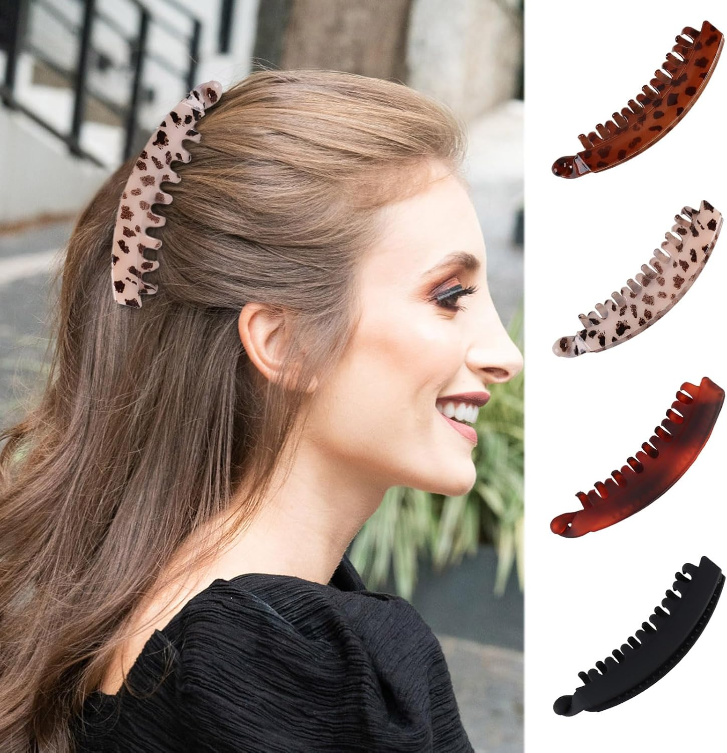 Pack of 4 Large Banana Hair Clips Vintage Ponytail Hair Clip Non-Slip Leopard Hair Clips for Women Girls Thick Medium Hair 4 Colours Hair Clips Women'S Large image number 2