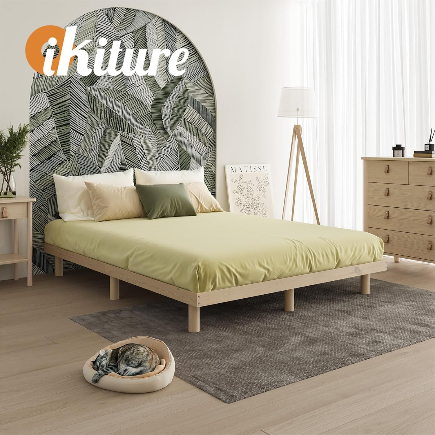 Oikiture Double Bed Frame with Wooden Bed Base and Solid Wood Frame Platform Bed