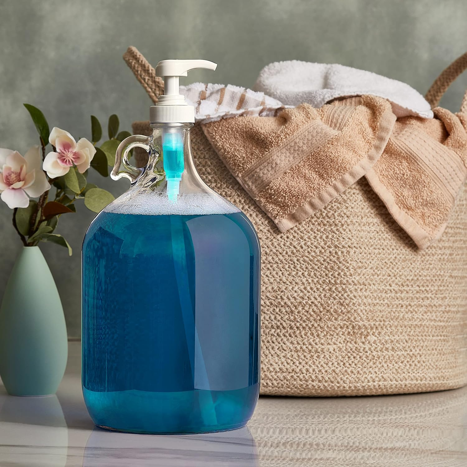 Kitchentoolz Gallon Glass Pump Dispenser Bottle, Large Jug Laundry Liquid Detergent Dispenser with Pump for Laundry Room Organization, Soap, Fabric Softener, Commercial Condiment Dispenser- 128 Oz image number 3