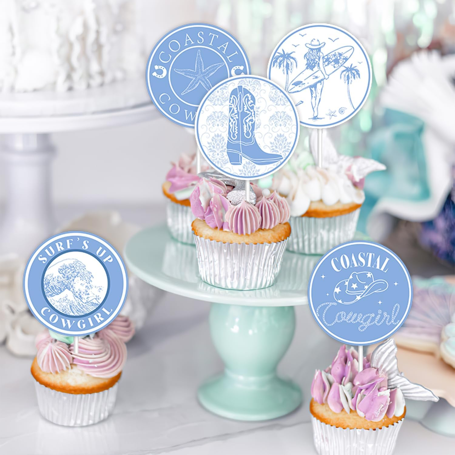 36Pcs Coastal Cowgirl Bachelorette Cupcake Toppers Nautical Bridal Shower Decorations Blue Boots Hats Shells Palm Cake Decorations for Cowgirl Bachelorette Engagement Bridal Shower Party Supplies image number 4