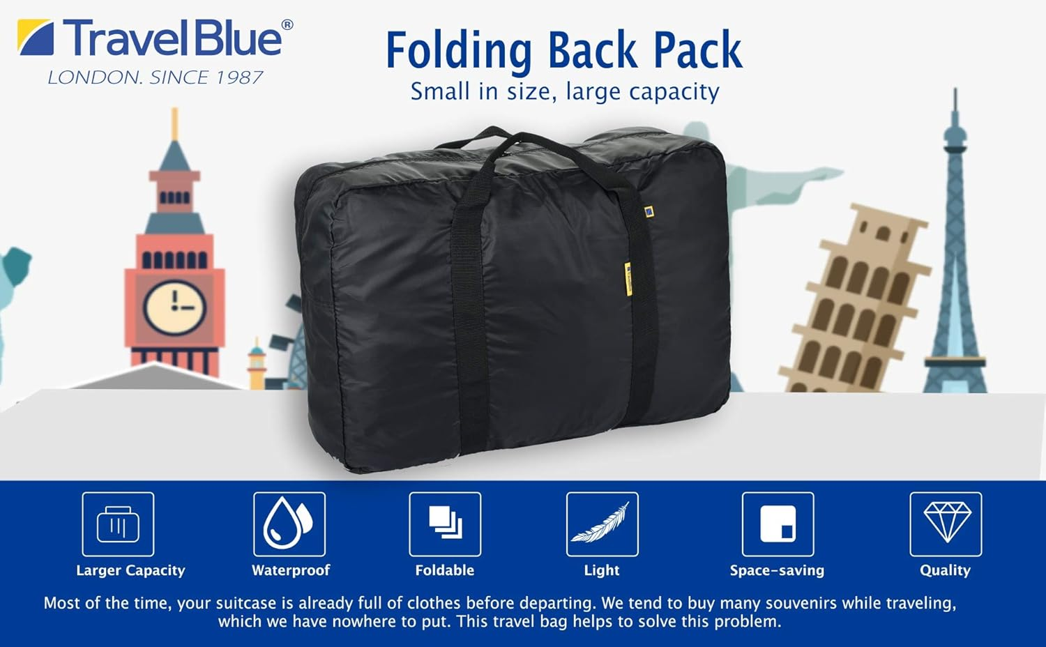 Ravel Blue Foldable Duffle Bag &ndash; Lightweight 16L, 30L, 48L & 60L Holdall &ndash; Compact Bag for Men & Women, Gym, Shopping & Overnight Use &ndash; Durable Polyester with Trolley Strap (Black, Large (48L)) image number 6