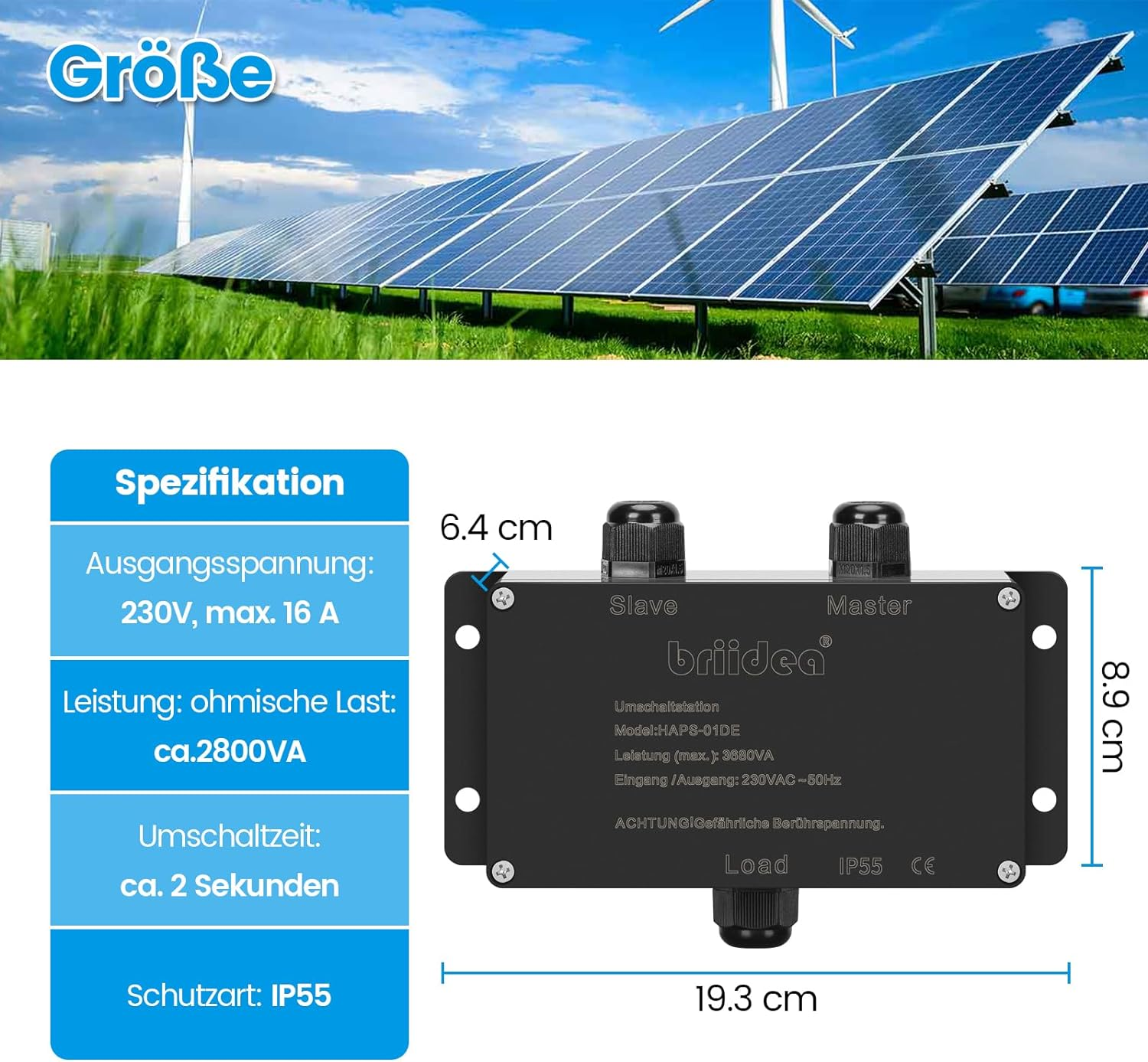 HAPS-01DE-B Switching Station for Mains Priority Switching Briidea Mains Priority Switch Motorhome 16 a 230 V, Switching Station 16 a for Camping Shore Power Inverter, Car, Boat, Outdoor, Solar, Black - Black image number 5