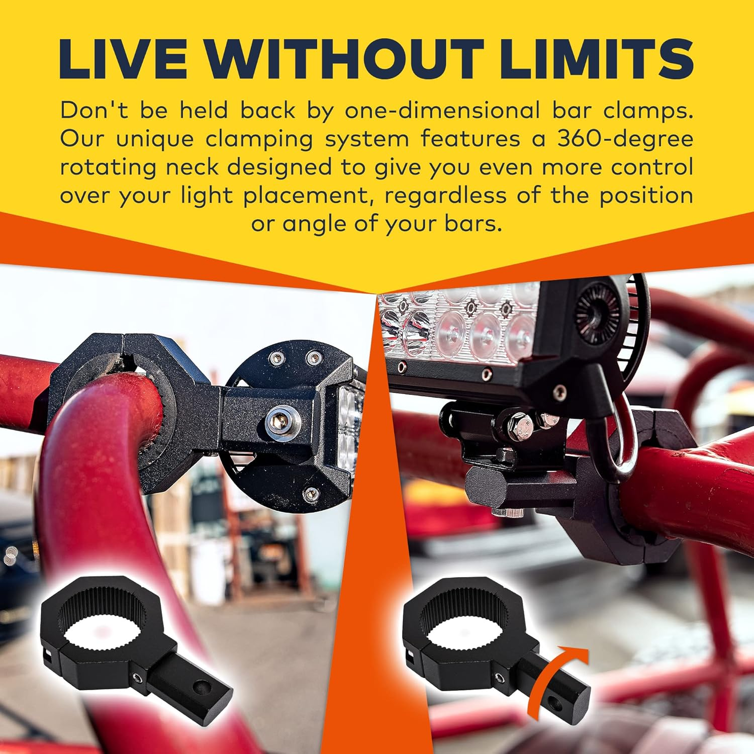 Off-Road ATV UTV Light Bar Mounts Mounting Bracket Bar Clamp Kits [1"/1.5"/1.75"/2" Inch] [360-Degree] [2 X Stud Size] [Aluminium] [2 Unit] Bull Bar Roll Bar Clamp Roll Cage Clamps Mount for ATV image number 1