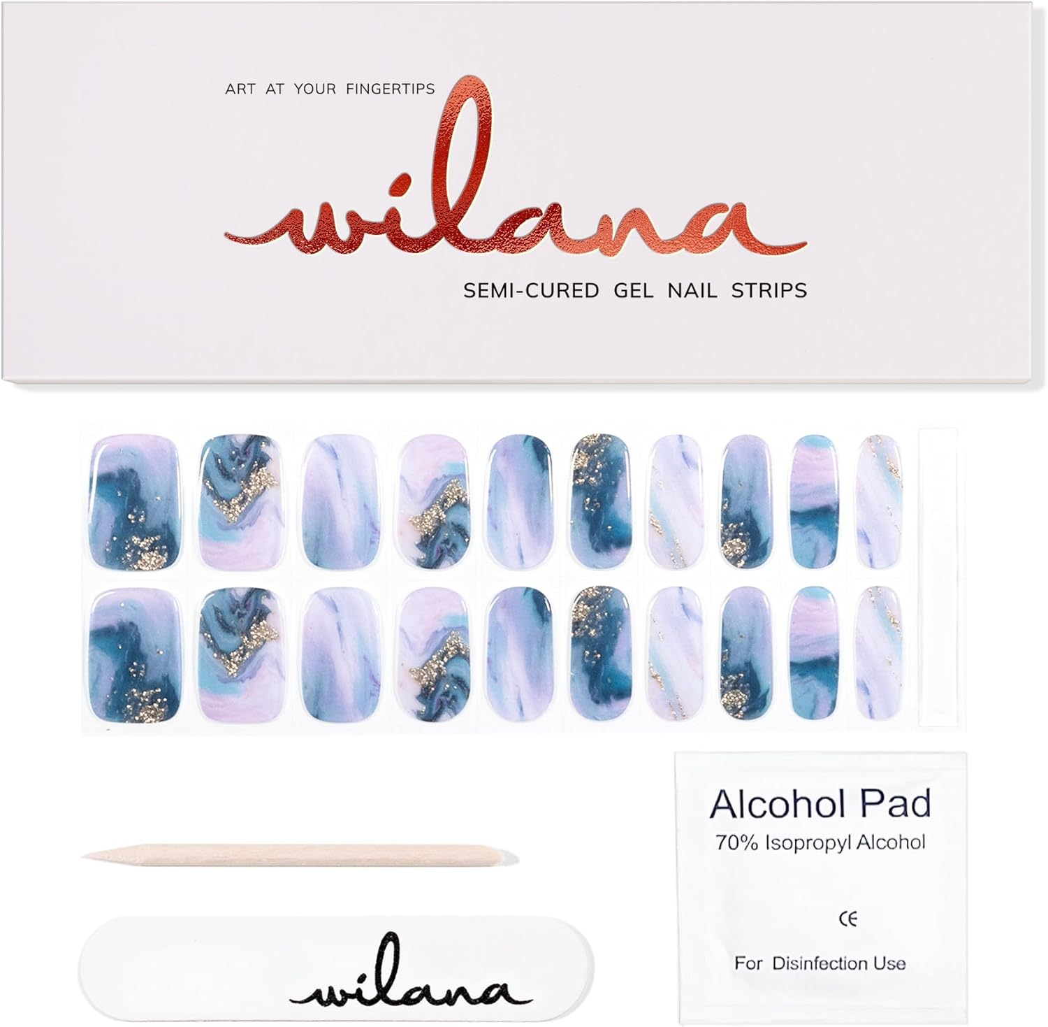 Wilana Gel Nail Stickers - Long-Lasting Semi-Cured Gel Nail Strips - Blue and Purple Marble with Glitter (Airlie) image number 3