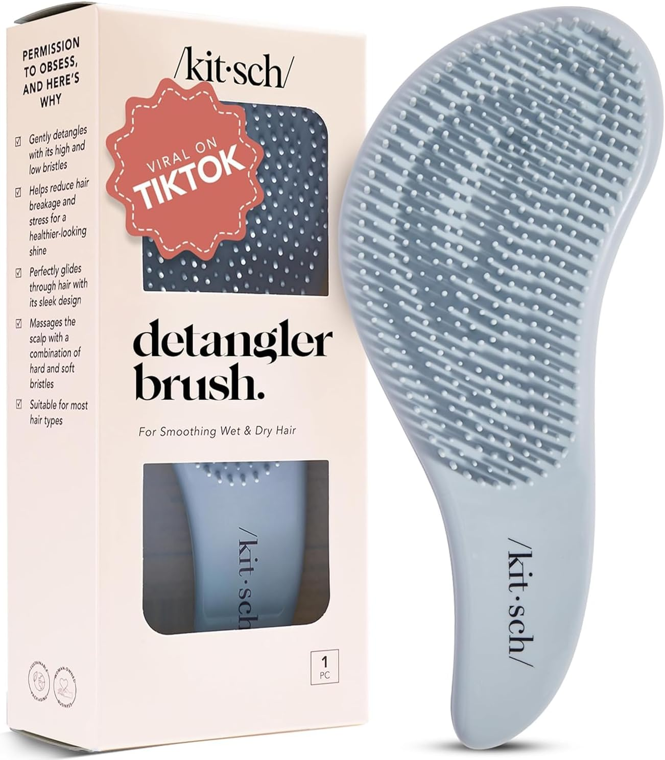 Kitsch Detangler Brush &ndash; Gentle Curly Hair Brush with Flexible Bristles for All Hair Types - Wet or Dry | Detangling Hair Brushes for Women & Men, Adults & Kids - Haze Blue