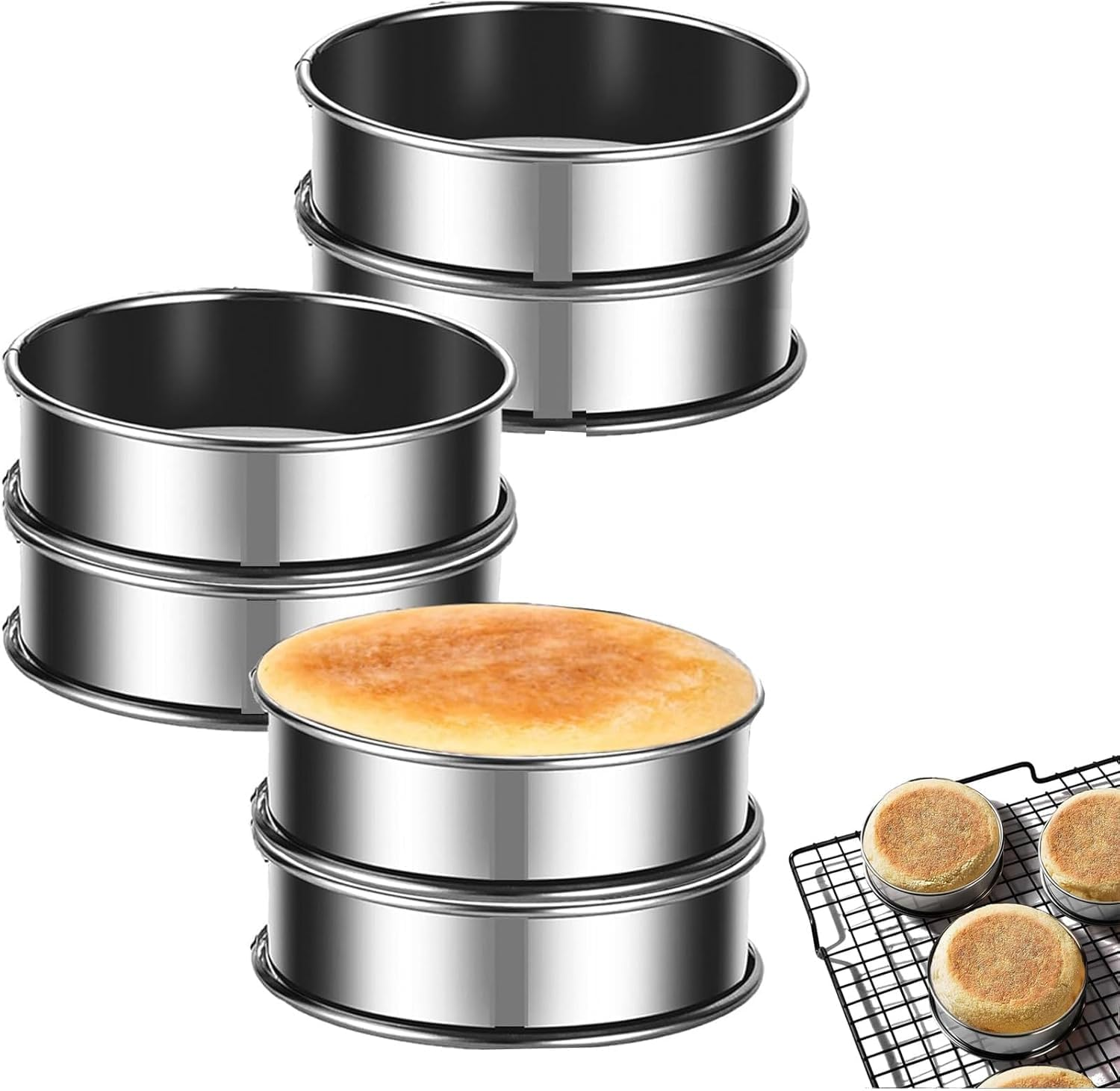 Crumpet Rings, 6Pcs Stainless Steel 4 Inch English Muffin Ring, Double Rolled Tart Rings for Baking Fluffy Muffins, Eggs, Pancakes, Home Baking Eggs Pancakes Pastry image number 4