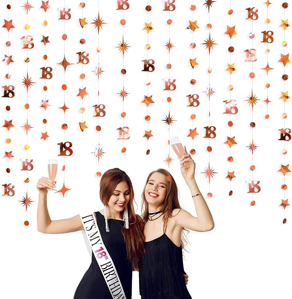 Rose Gold 18Th Polka Dot Star Garland Streamer Metallic Rose Gold Paper Number 18 Hanging Bunting Banner for Happy 18 Years Old Girls Eighteen Birthday 18 & Adultish 18Th Anniversary Party Decorations image number 2