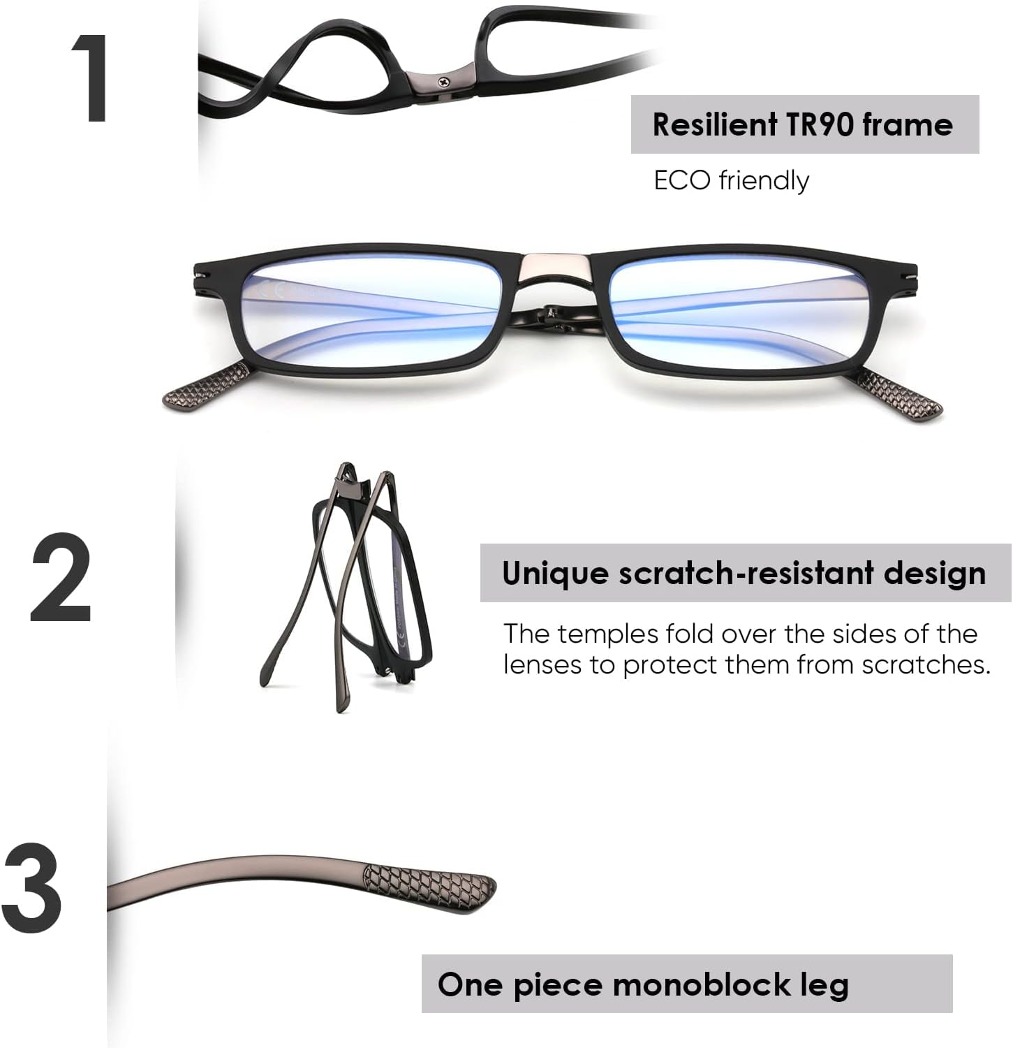 SKYOAK Unbreakable Evolved Flat Folding Reading Glasses Full Size Blue Light Foldable Portable Readers with Case image number 2