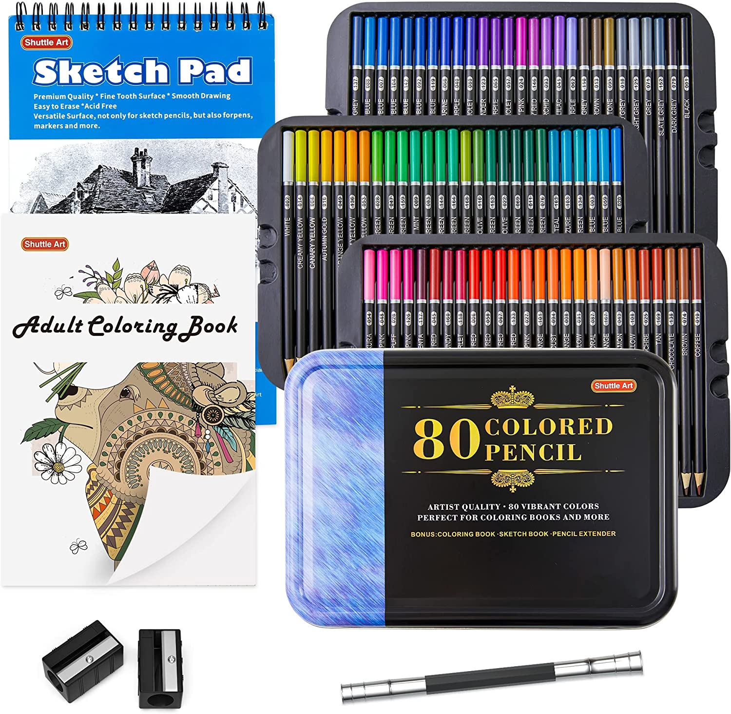 Shuttle Art 80 Colours Professional Colouring Pencils, Soft Core Coloured Pencil Set with 1 Colouring Book,1 Sketch Pad, 2 Sharpener, 1 Pencil Extender, Perfect for Artists Adult Beginners Drawing