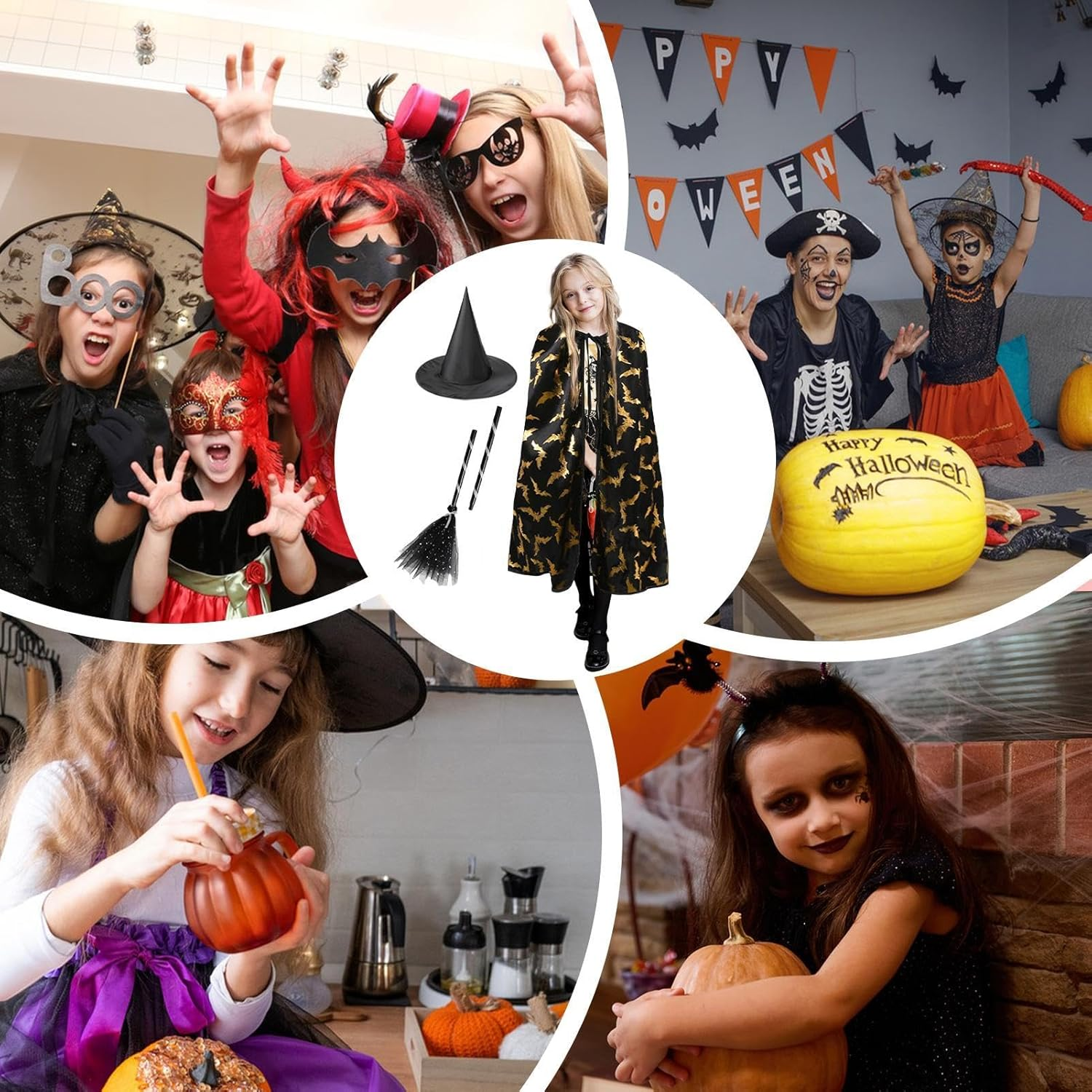 Kids Witch Costume,3X Set Halloween Witch Cape Kids - Exquisite Print Children Tie-Up Clothes for Daily Role-Playing - Ca030 image number 4