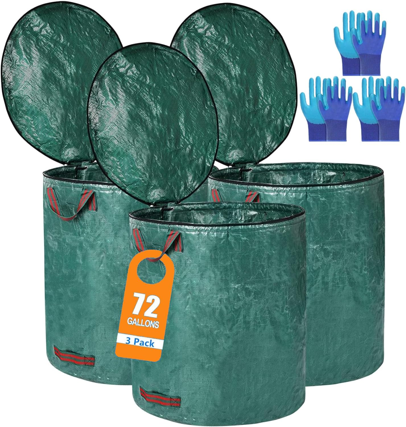 72 Gallons Reusable Yard Waste Bags with Lid Extra Large Lawn Leaf Bags Heavy Duty with Handles Garden Waste Bags Container for Clean up Outdoor Debris Leaves Grass Clippings (3PCS) image number 2