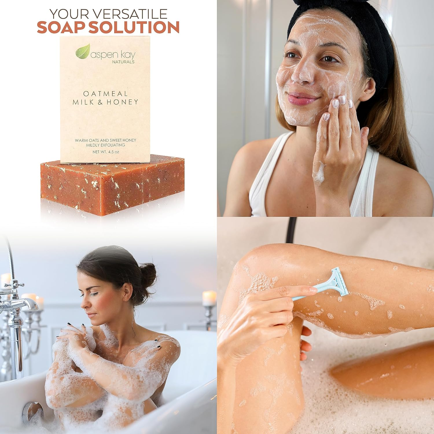 Aspen Kay Naturals Handmade Oatmeal Soap Bar for Face & Body &ndash; Made with Organic Raw Honey, Goats Milk, Organic Shea Butter - Exfoliating Soap &ndash; for All Skin Types - Made in the USA 4.5 Oz image number 4