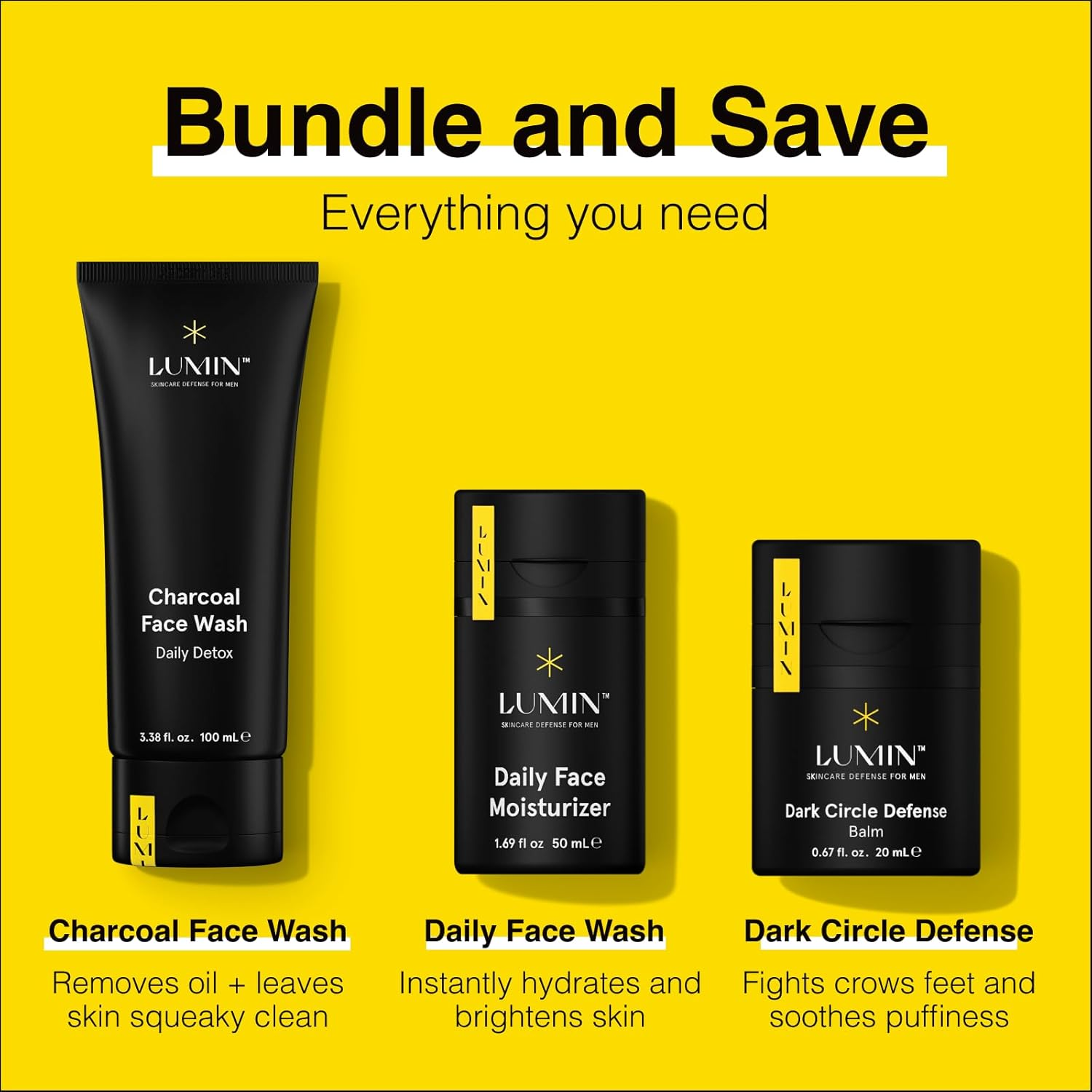Lumin - No Baggage Trio - a Skincare Kit, Includes: Charcoal Face Wash Daily Detox, Daily Face Moisturizer & Dark Circle Defense Balm, Ideal for Fine Lines & Dark Circles, Suitable for All Skin Types image number 2