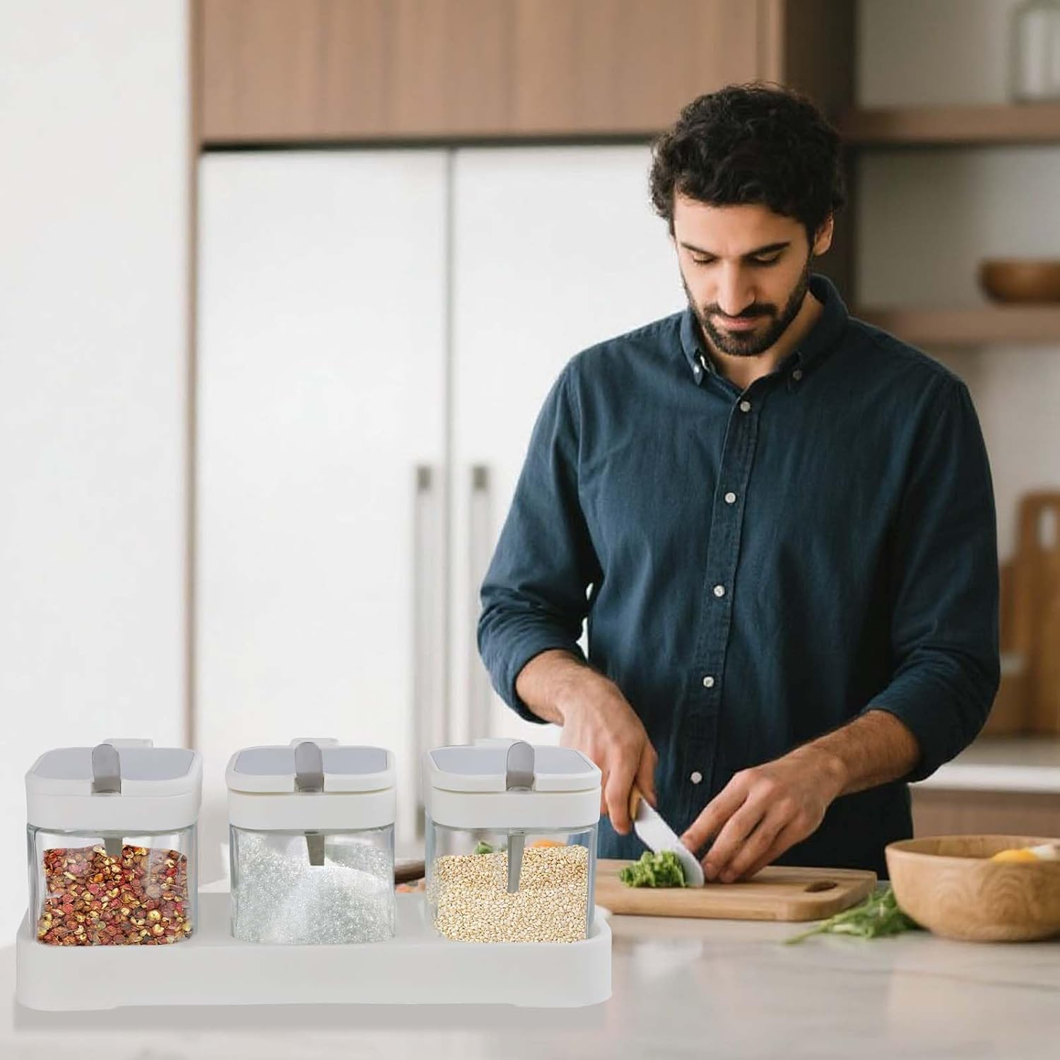 DIYJEP Pack of 3 Spice Jars with Stainless Steel Spoon, Flour Sugar Salt Storage, Glass Square Spice Containers with Lid and Base, Storage Jars, Salt Jar, Spice Box for Kitchen, Seasoning, Tea (White) image number 3