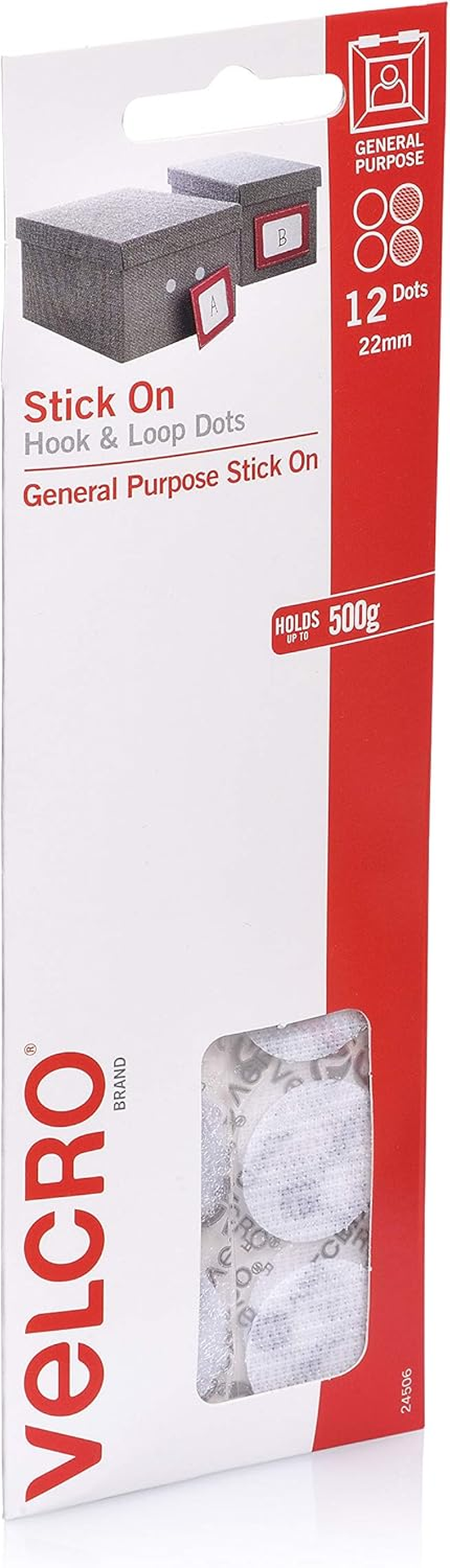 VELCRO Brand 26178 Stick on Hook and Loop Dots General Purpose Peel and Stick Adhesive - 22Mm Dots, 12 Pack, White