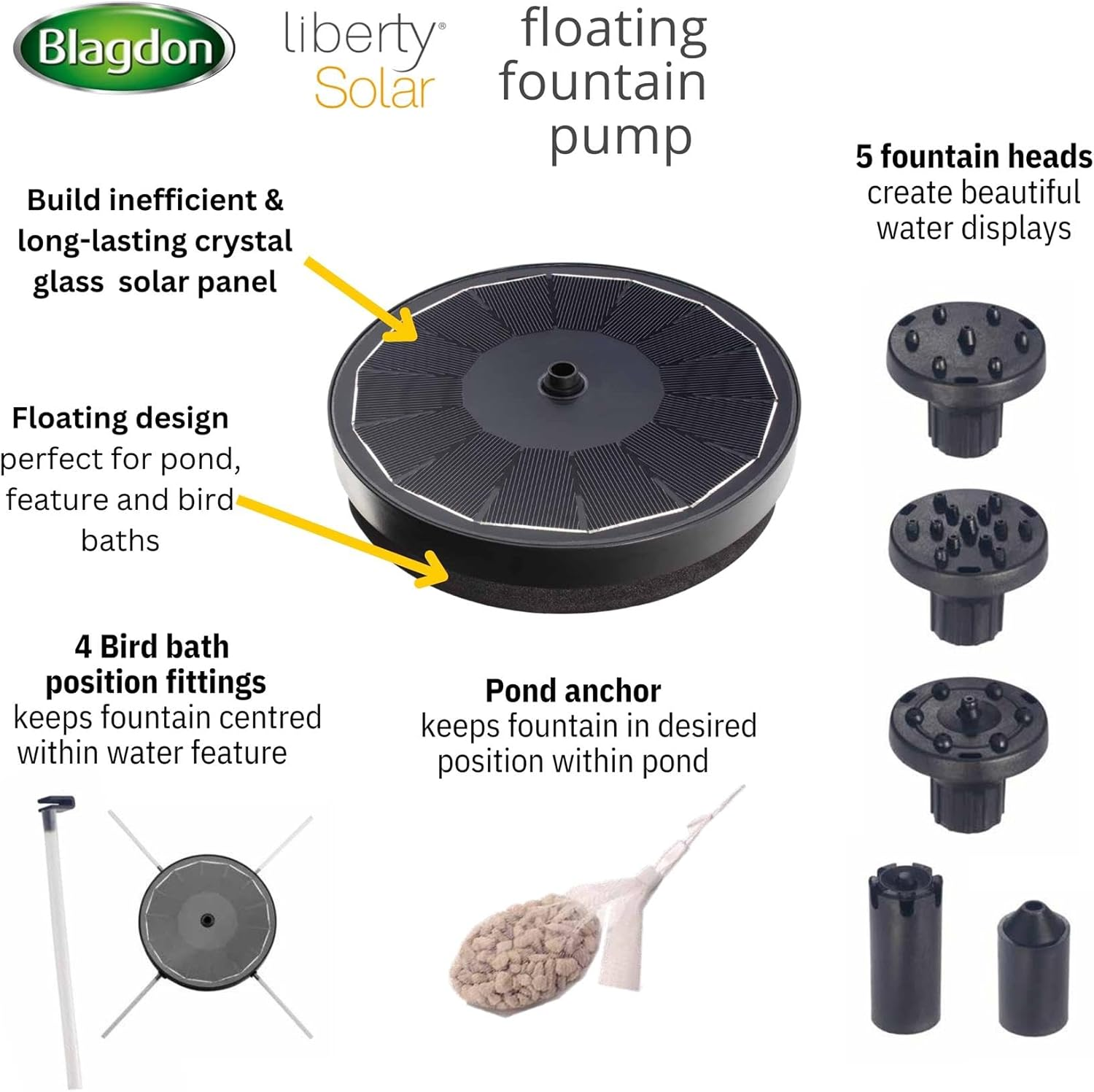 Blagdon Liberty Solar Floating Fountain Pump for Small Ponds, Water Features, Bird Baths, with Crystal Glass Panel, Five Fountain Displays, All Fittings Included, Max Flow Rate 180 Ltr/Hr, 2.2 Watts image number 4