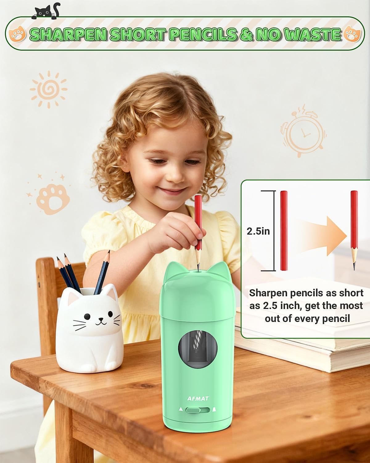 AFMAT Fully Automatic Electric Pencil Sharpener with Cat Ears, Electric Pencil Sharpener with Container for 7-8 Mm Pens (Thick & Thin) - USB Sharpener Children, Gift for School/Office, Green