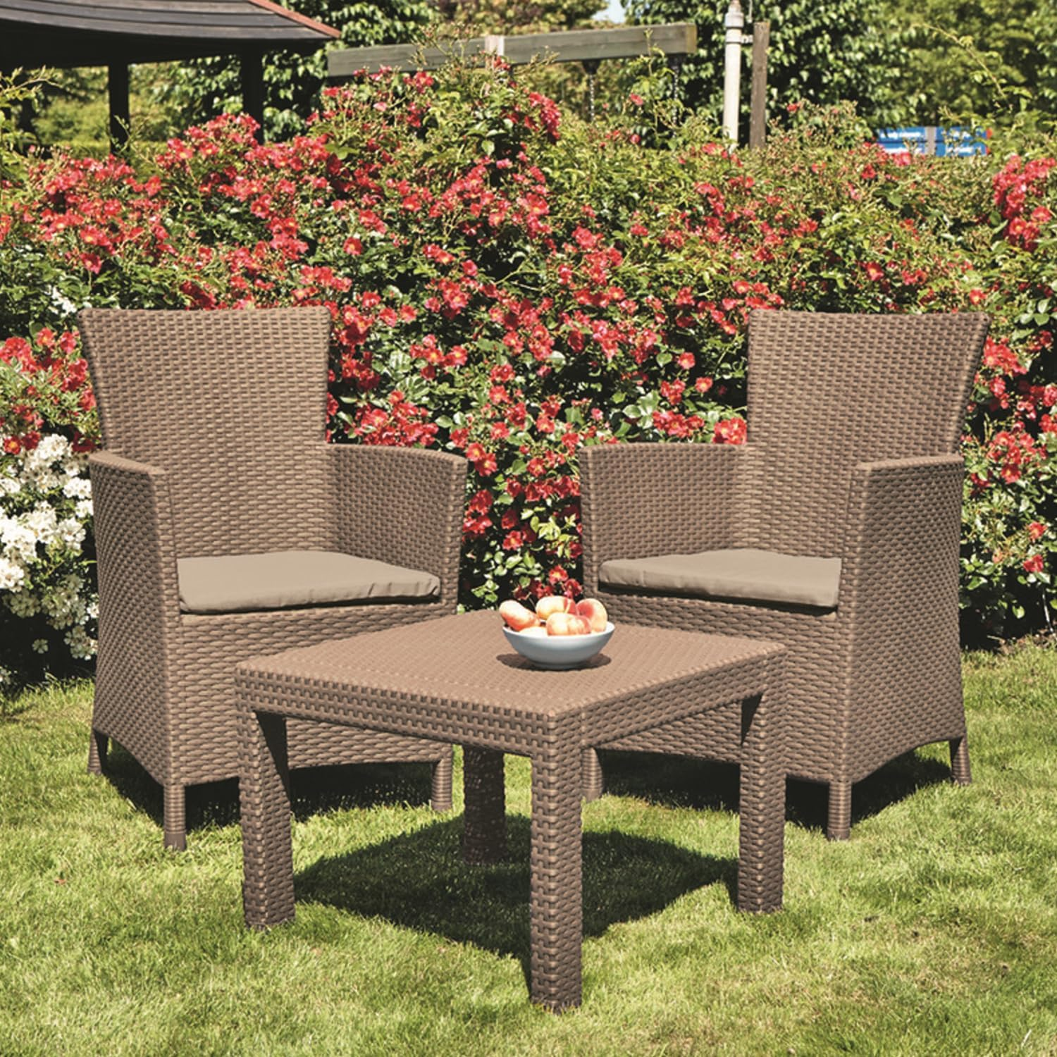 Keter Rosario Balcony Furniture Set, 2 X Armchairs and 1 X Table, Rattan Look, Plastic, Perfect for Balcony, Patio or Garden, Weatherproof and Uv-Resistant, Brown/Beige