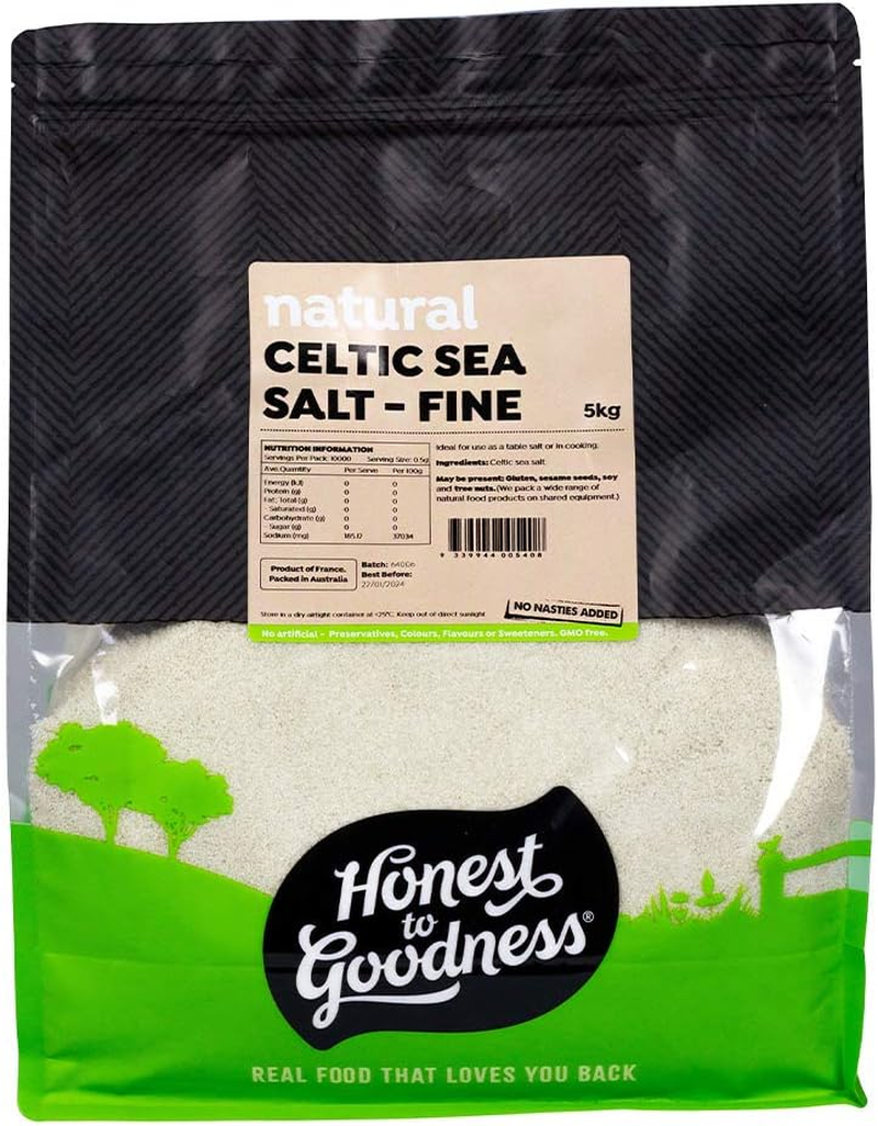 Honest to Goodness Celtic Sea Salt - Fine, 5 Kilograms - Abundant in Trace Minerals. Light Sea-Kissed Flavour and Texture Contributes to Its Mineral Magic.