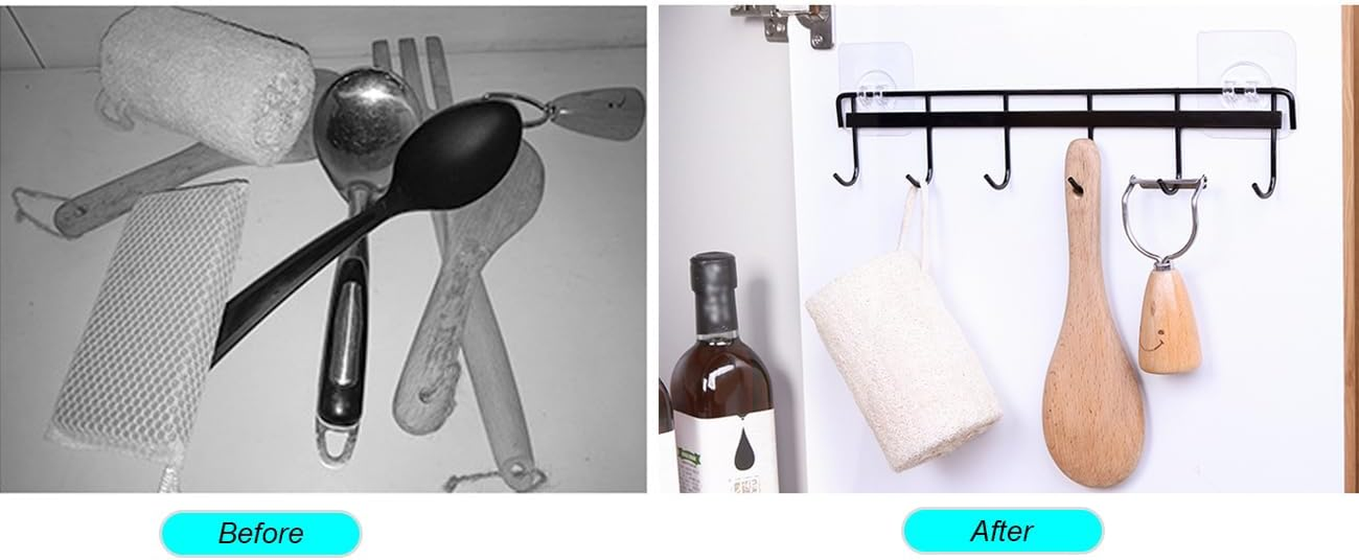 Wall Mount Utensil Rail Rack 2 Pcs, Space Saving Kitchen Utensil Holder Self Adhesive, No Drilling Wall Mounted Accessory Hanger with Hooks for Kitchen Bathroom Storage (Black) image number 3