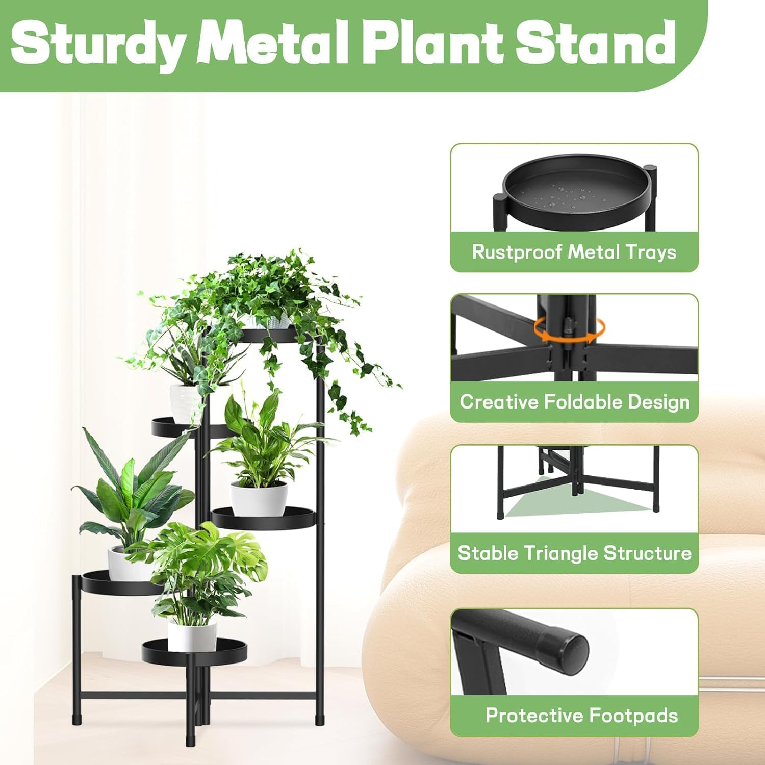 5 Tier Metal Plant Stand Indoor Outdoor, Foldable Corner Tall Plant Stands for Plants Multiple, Tiered Plant Shelf Flower Pot Holder Display Rack for Patio Garden Balcony Living Room image number 2