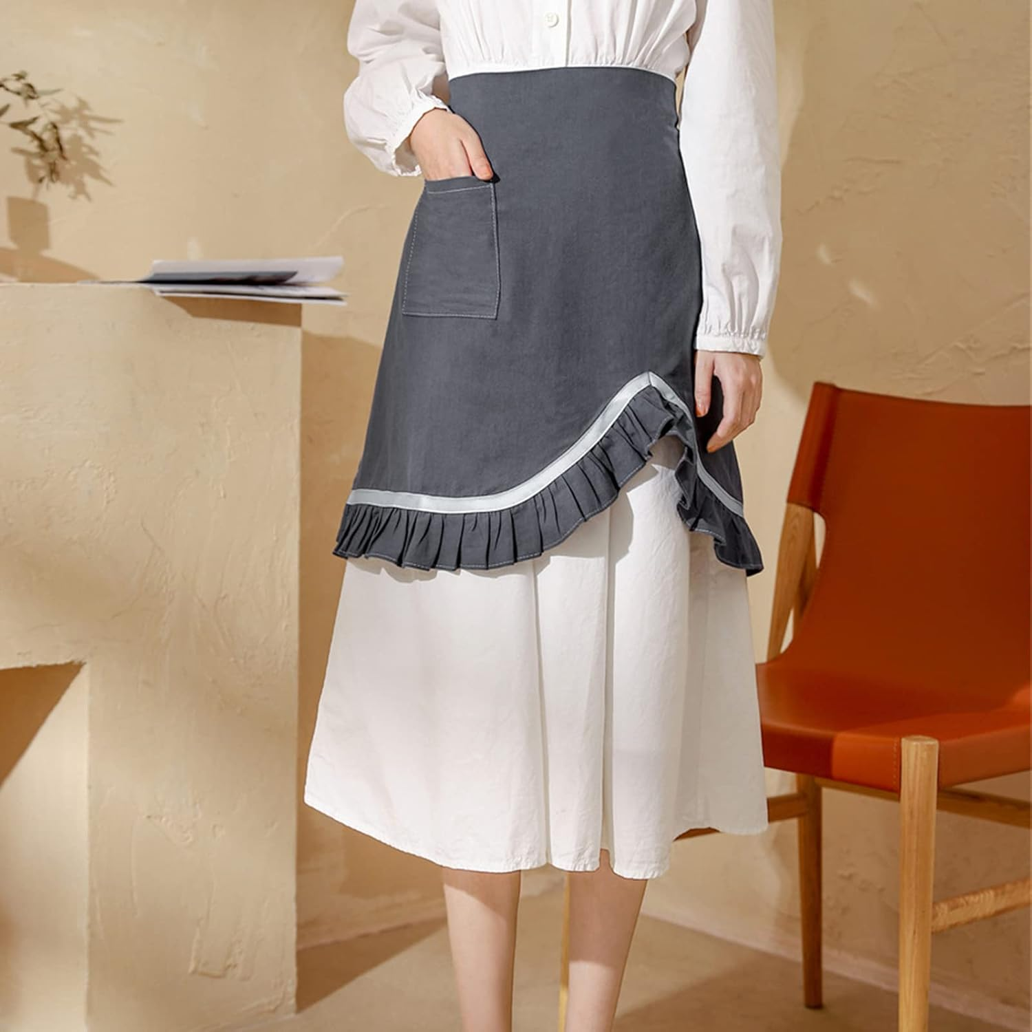 Aoozleny Women Half Apron Retro Waist Apron Ruffle Vintage Apron with Pocket for Chef Cafe Server Waiter Cooking Kitchen - Pink image number 3