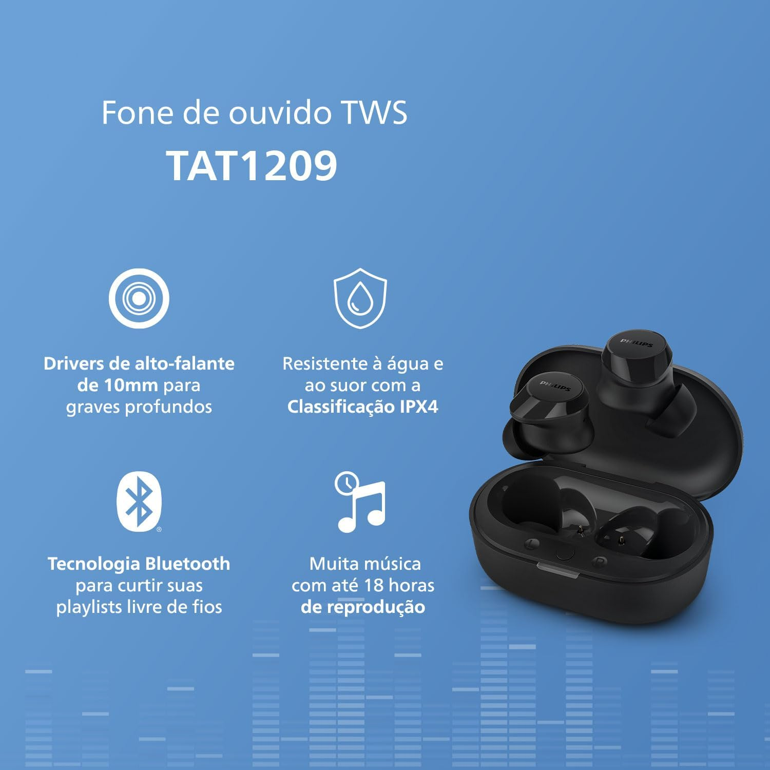 Philips TAT1209BK Wireless Bluetooth Earbuds - Small Earbuds, Great Value, Natural Sound with Dynamic Bass, Clear Calls and Pocket Size Charging Case - Black image number 4