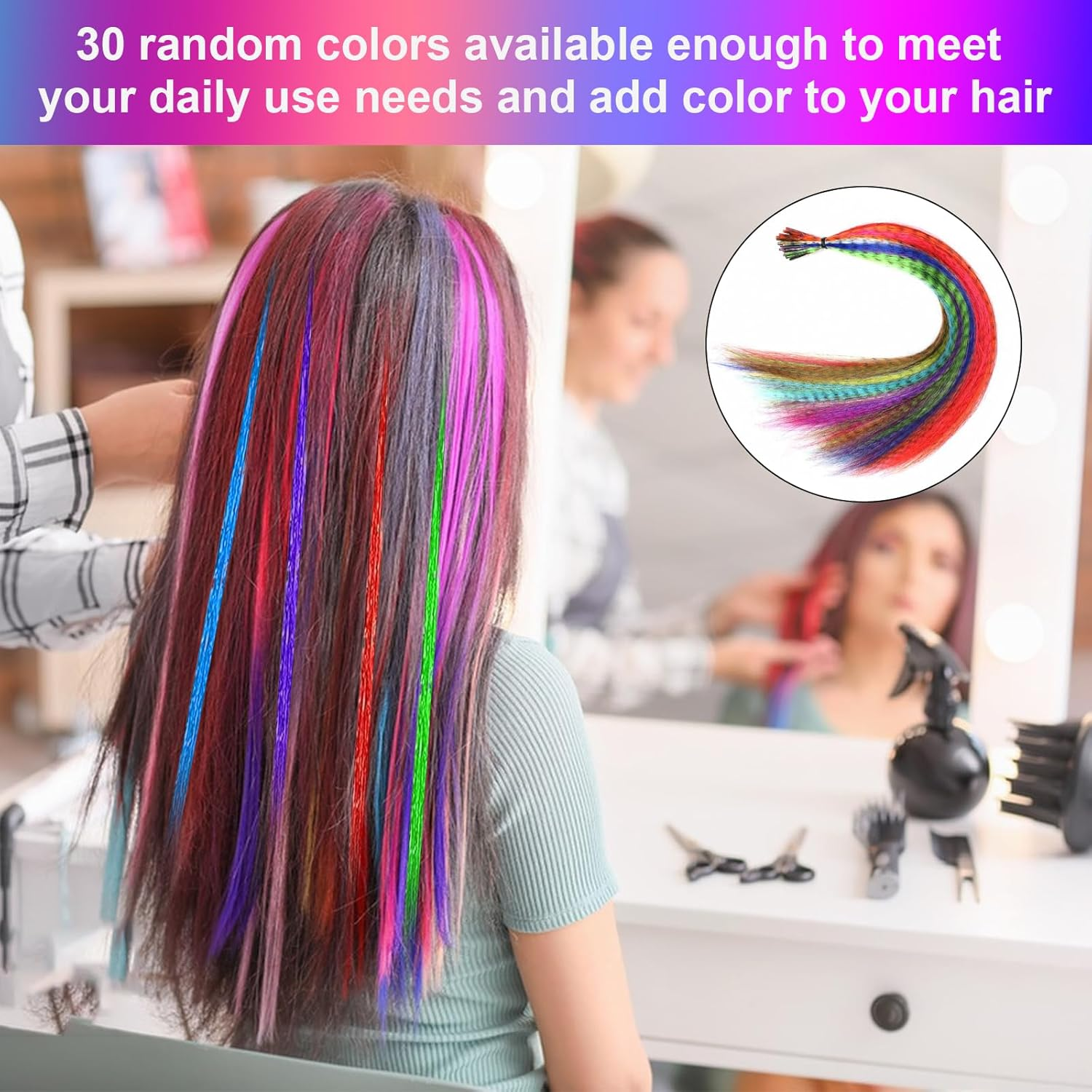 60 Piece Colourful Hair Extensions Set, Art Hair Extensions, Colourful Hair Strands, Children'S Glitter Hair Strands, Hairpiece, Pliers, Hook with 100 Beads, Ponytail Braids, Clip image number 5