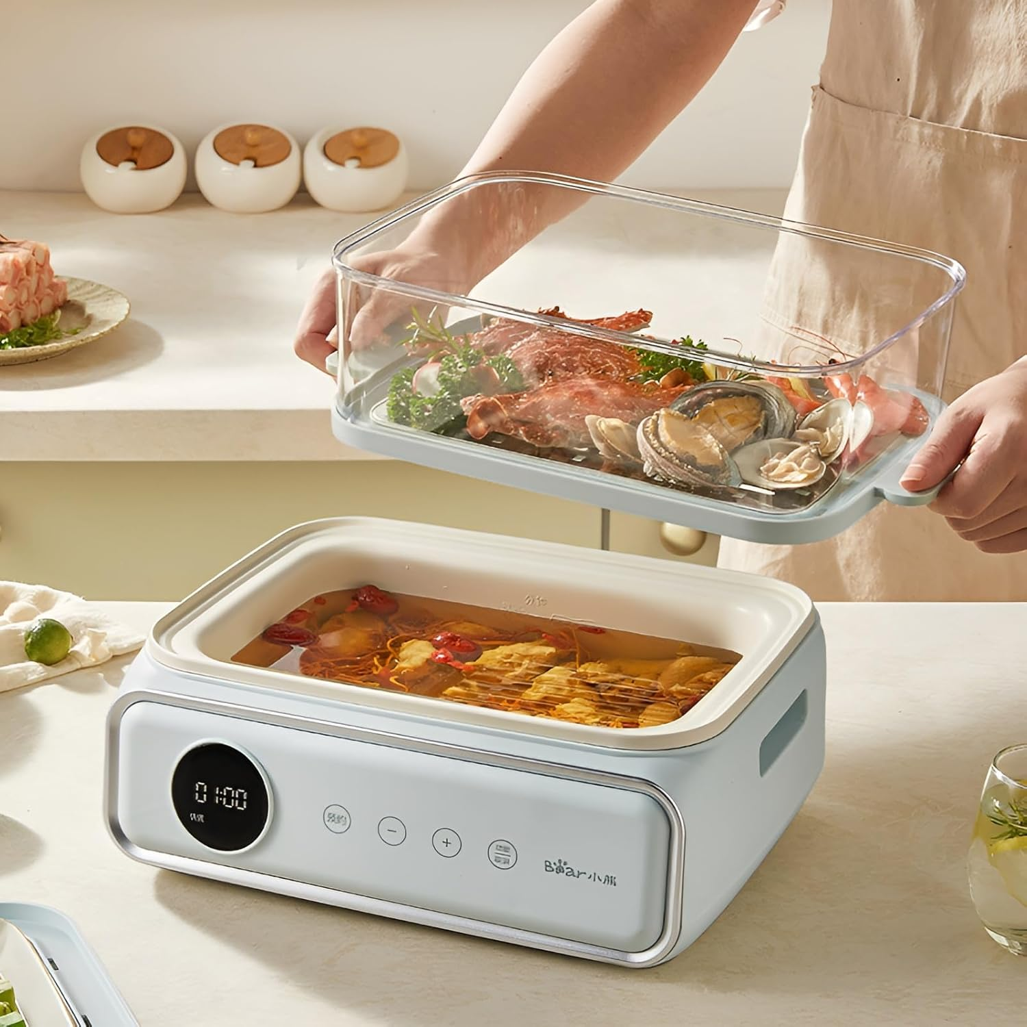 Multifunctional Electric Food Steamer 21.5L Large Capacity, with 3-Layer Steamer, 24H Reservation and Smart Timer, 1200W Fire Heating Stainless Steel Steamer，Blue - 3-Layer Blue image number 4