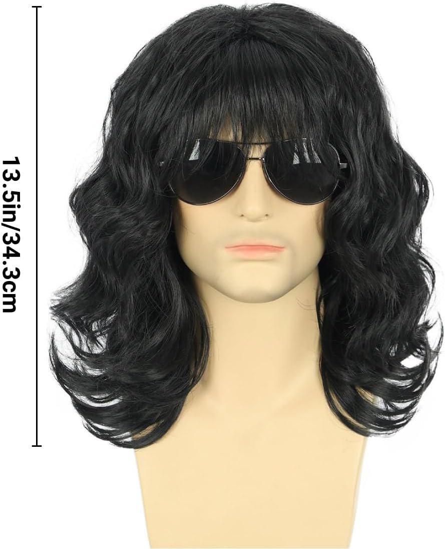 AIMALL 70S 80S Rock Style Men'S Wig &ndash; 13.5In Medium Long Black Curly Synthetic Fibre Costume Wig for Cosplay, Disco Party, Halloween, Retro Rocker Look image number 1