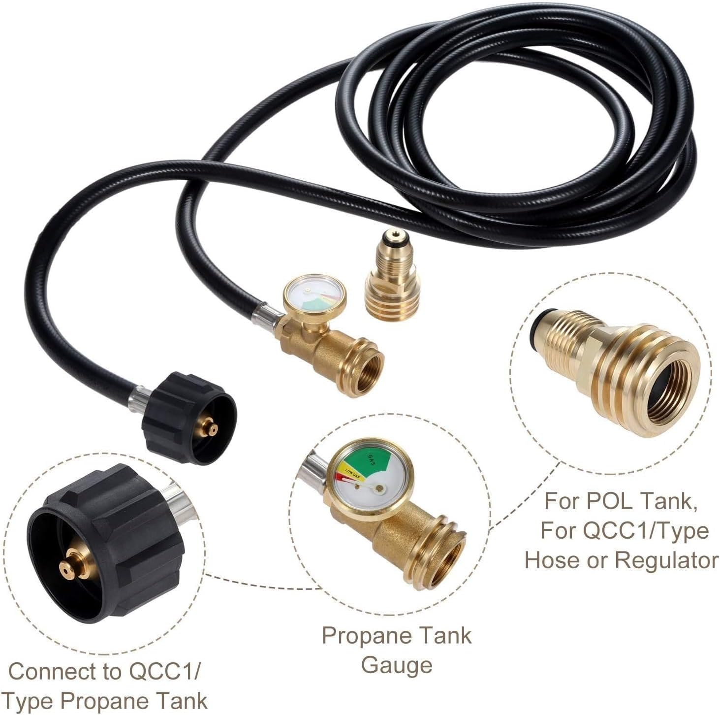 Dophee 12 FT Propane Tank Extension Hose - Universal Extension with Tank Adapter and Gauge, Leak Detector for Gas Grill, Heater and All Other Appliances image number 3