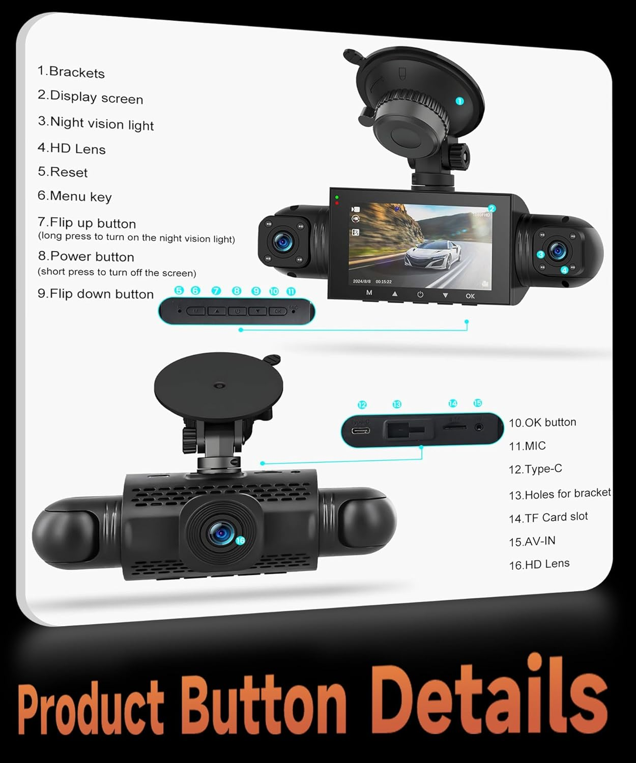 4 Channal Dash Cam 360&deg; Car Recorder Front and Rear inside Side，3 Inch 1080P DVR Camera with 480 Rear Pull + G-Sensor, Rearview, Night Visio, Loop Record, 24H Parking Watch image number 5