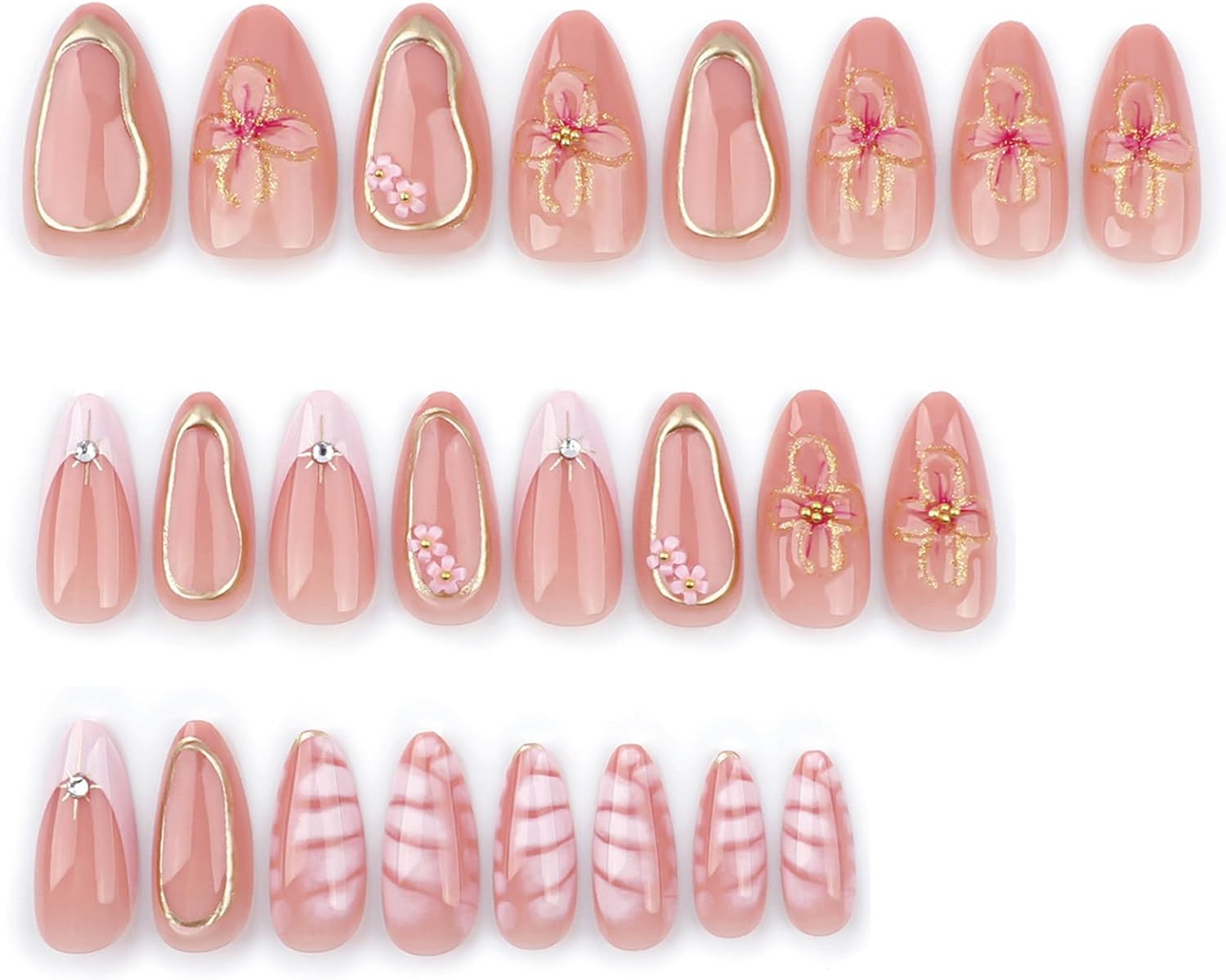 Mrltau 24 Pieces Spring Press on Nails Short, Skin Colour Pink Fingernails for Sticking, 3D Flower Beads Jewellery Fake Nails, French Lace Full Cover Artificial Nails Short image number 5