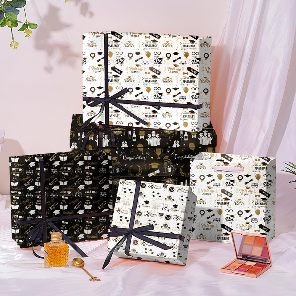Rugwioyu Graduation Wrapping Paper 12 Sheets 20X27In Folded Flat Gift Wrapping Paper 4 Style Foil Funny Wrapping Paper Gift Wrapping Supplies Graduation Packaging Paper for 2025 image number 4