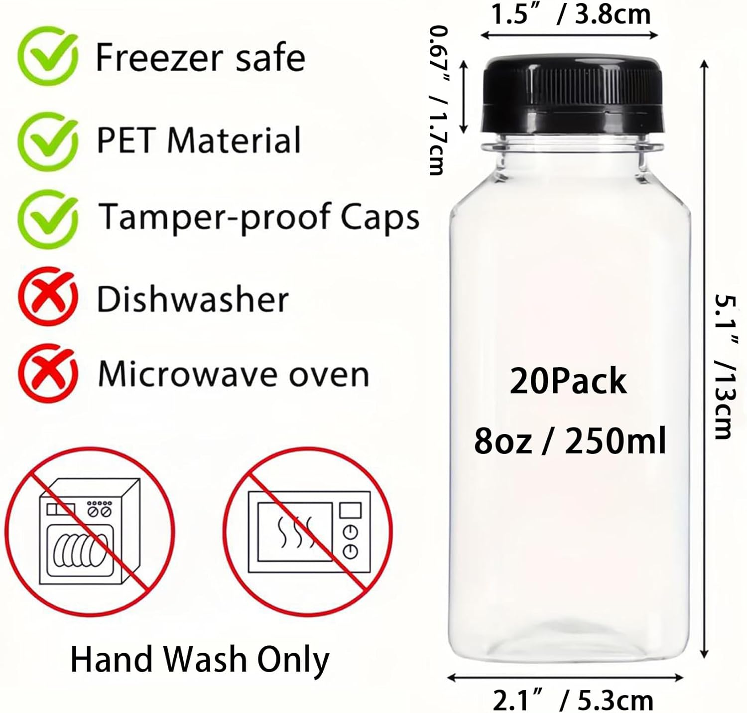 20Pack 250Ml Plastic Juice Bottles with Caps Clear Reusable PET Containers for Juicing, Milk, Smoothie, Drink with Tamper Proof Lids, Labels, Bottle Brush image number 3