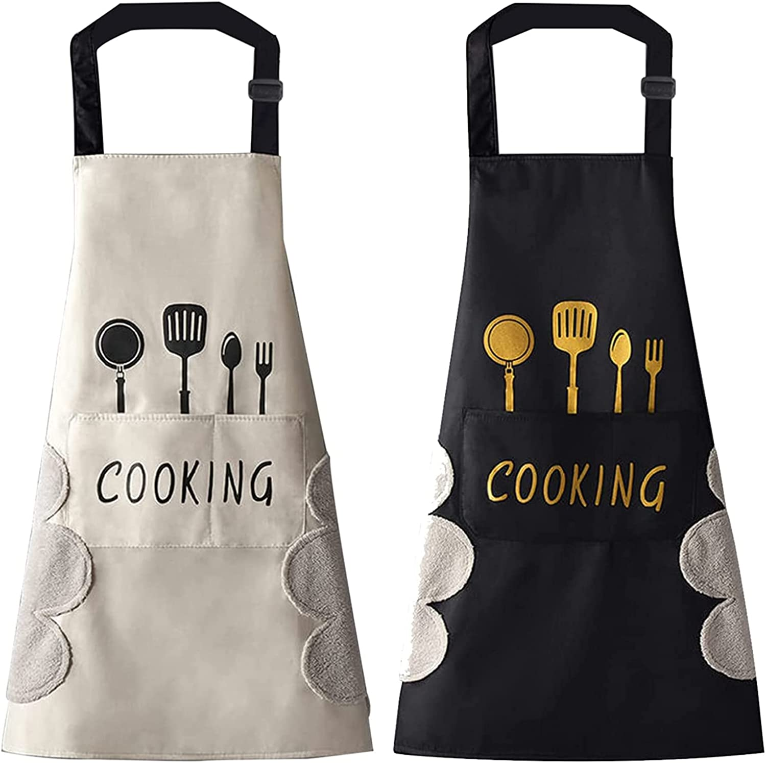 2 Pack Kitchen Apron with Pocket for Women Men Chef,Unisex Chef Apron Waterproof,Hand-Wiping,Bib Aprons for Cooking Painting Housework image number 1