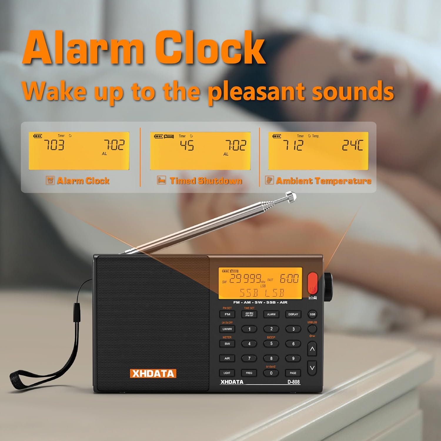 XHDATA D-808 Portable Digital Radio FM SW MW LW SSB RDS DSP Air Band Radio Alarm Clock Receiver with ATS Mode LCD Display and Stereo Sound for Parents Black image number 6