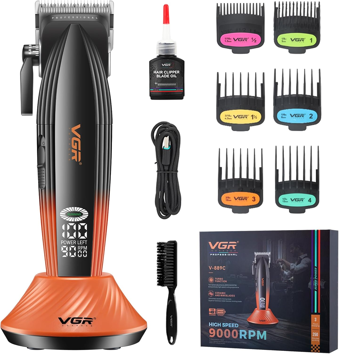 VGR 889C Professional Hair Clippers for Men, 9000RPM Cordless Barber Clippers with Ceramic & MIM Blades, 6 Magnetic Guide Combs, LED Display, USB Charging Base, Mens Grooming Kits for Barber image number 4